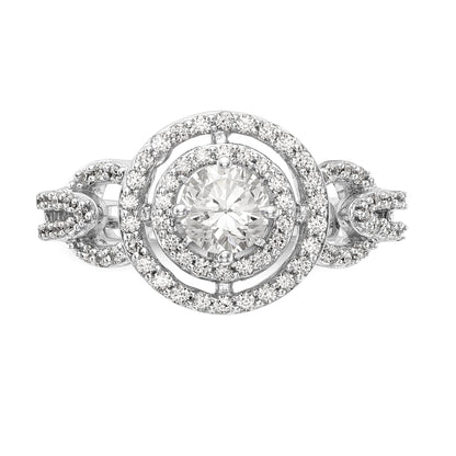 Verlobungsring aus 14K Weißgold mit rundem simuliertem Diamanten und Halo