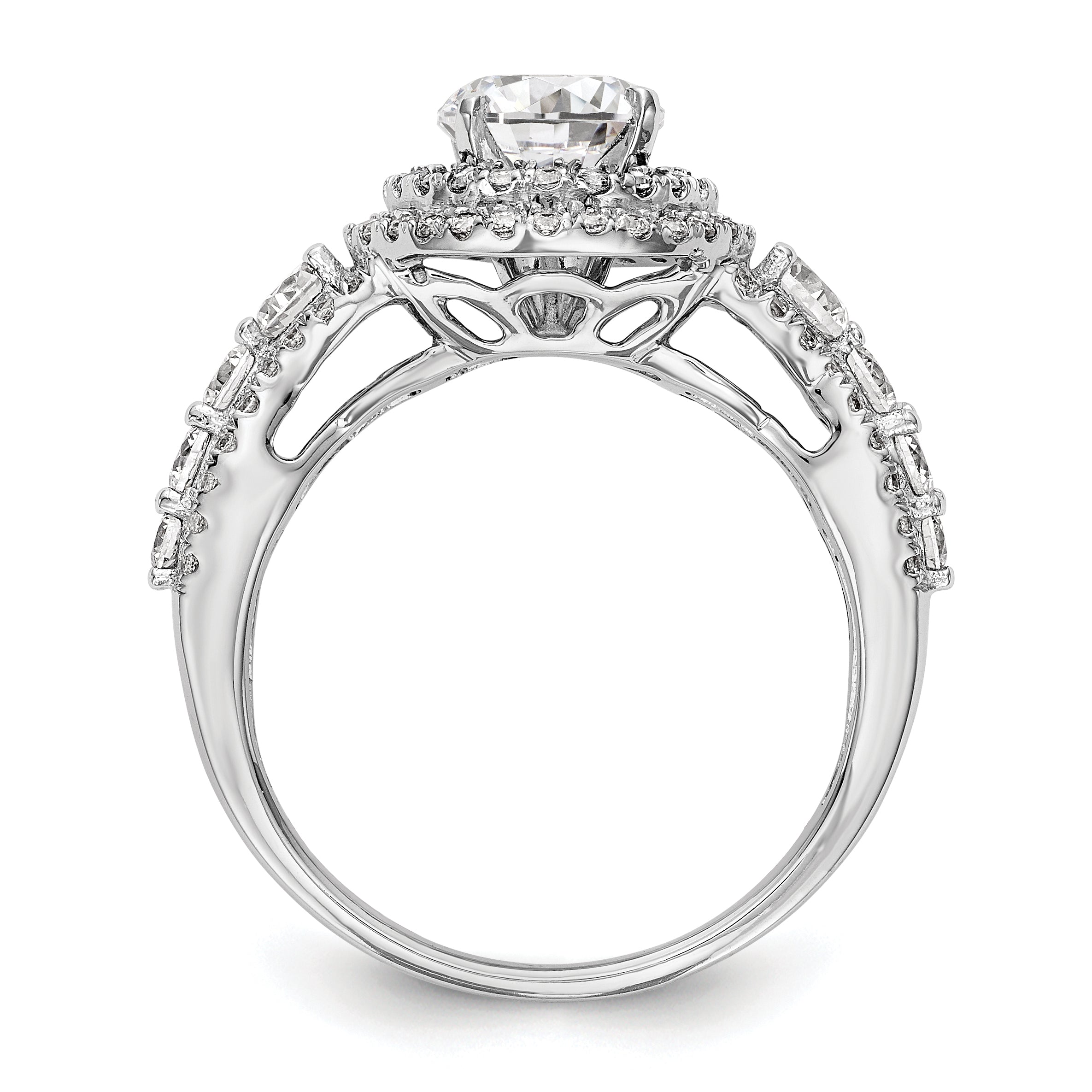 14K Weißgold Verlobungsring mit Halo aus simulierten Diamanten, Peg-Set-Fassung