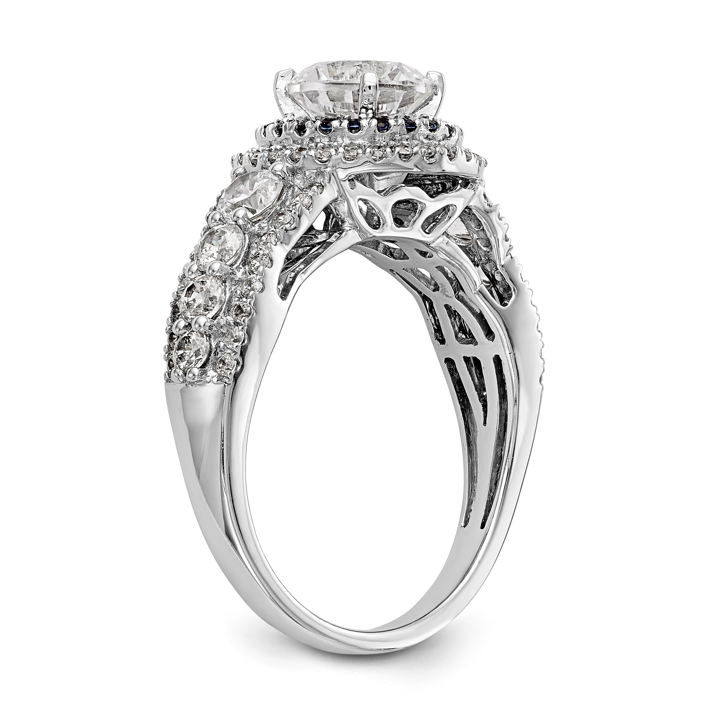 14K Weißgold Verlobungsring mit Halo aus simulierten Diamanten, Peg-Set-Fassung