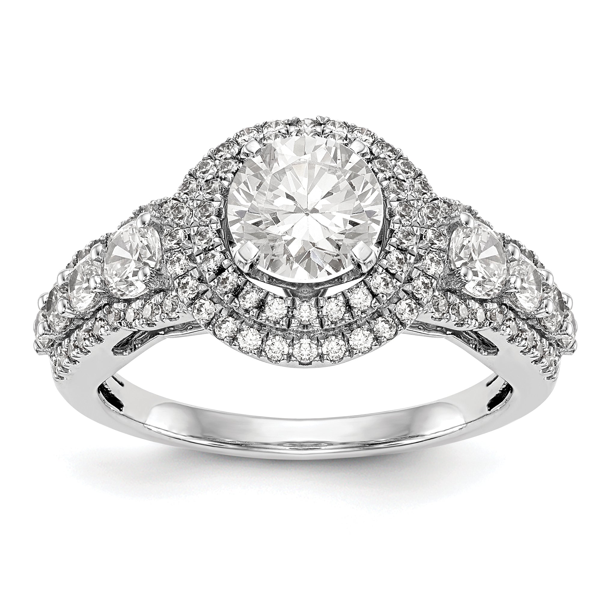 14K Weißgold Verlobungsring mit Halo aus simulierten Diamanten, Peg-Set-Fassung