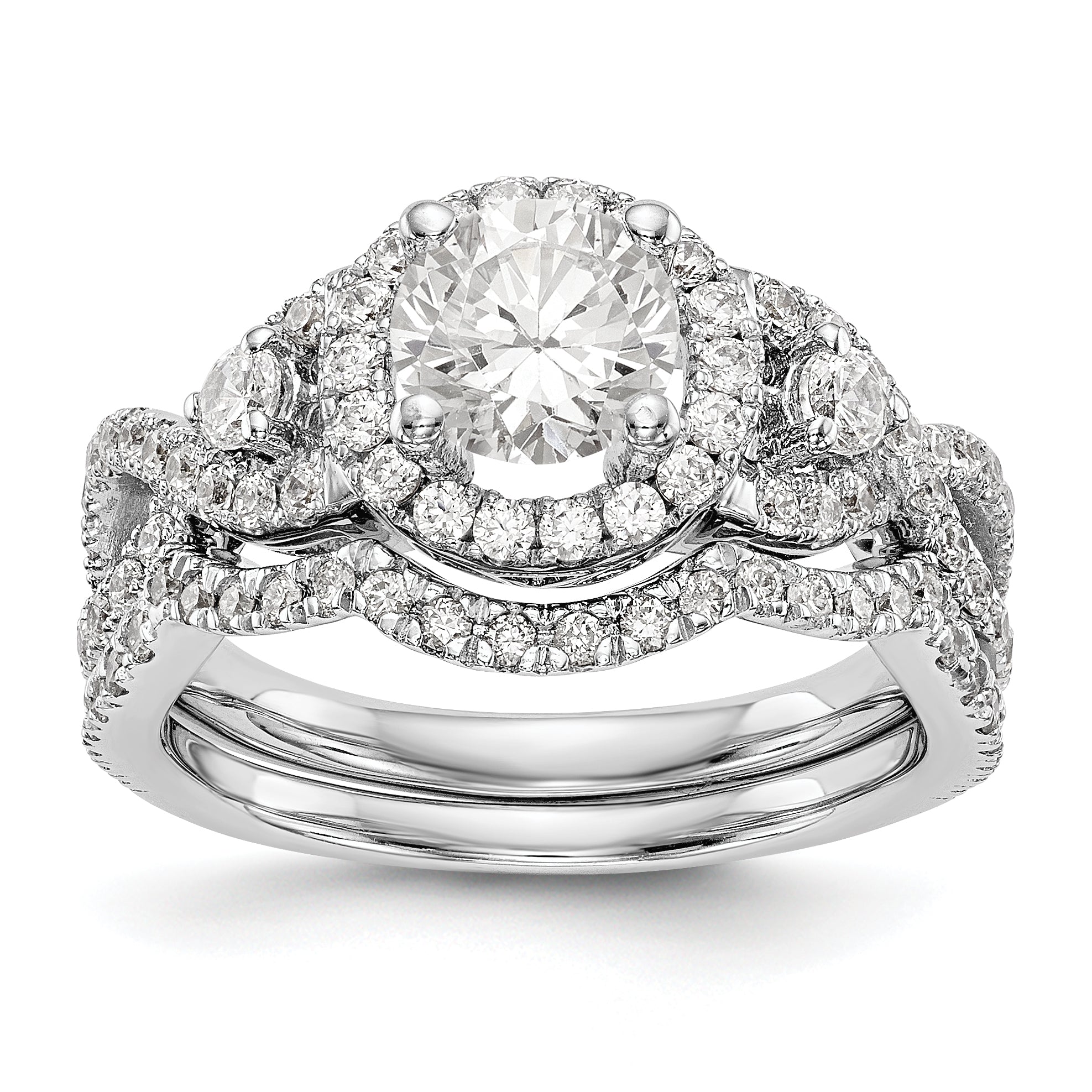Verlobungsring aus 14K Weißgold mit rundem simuliertem Diamanten und Halo