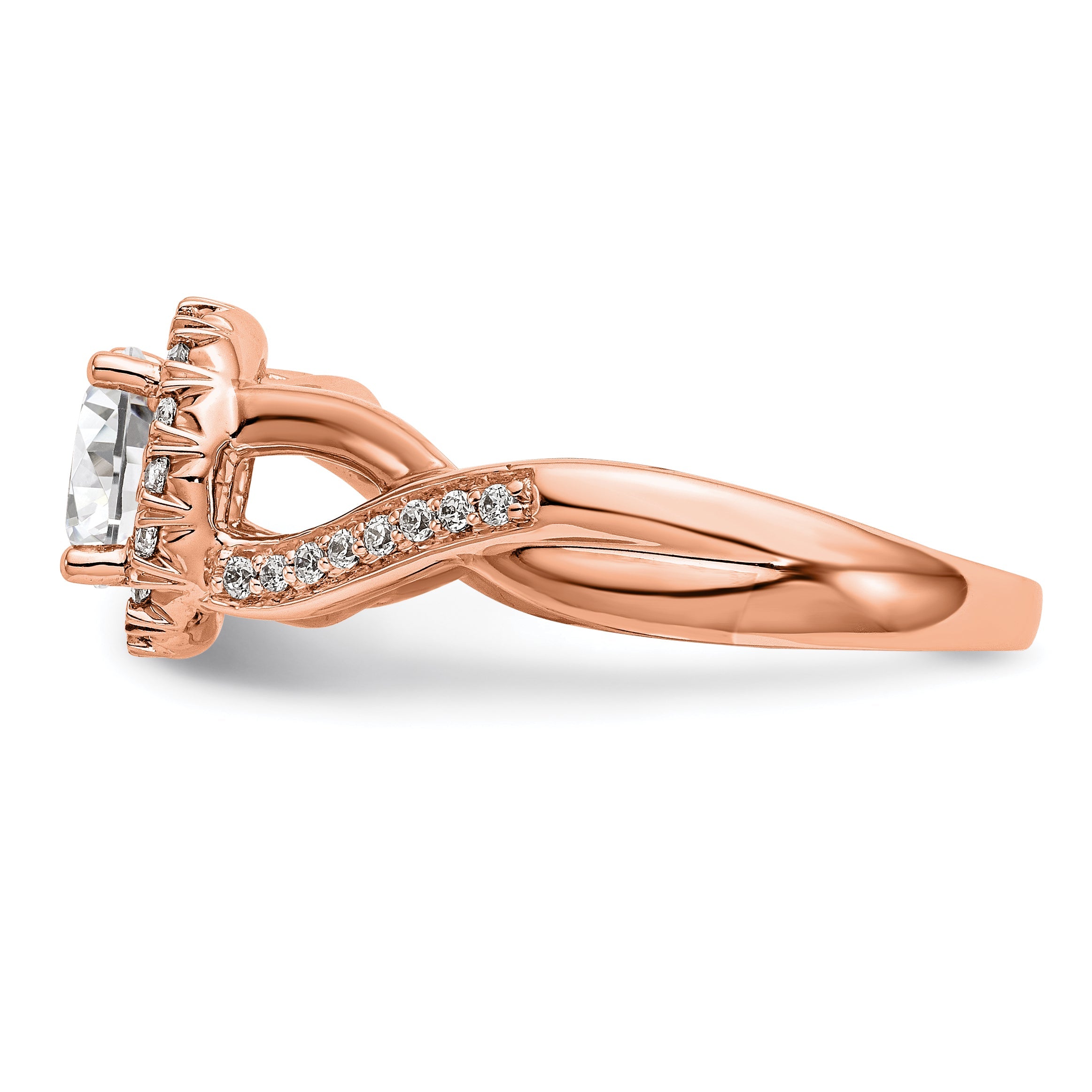 14K Roségold Verlobungsring mit rundem simuliertem Diamanten und Halo-Fassung