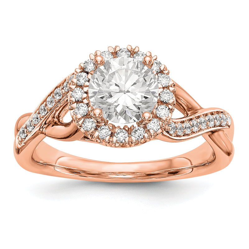 14K Roségold Verlobungsring mit rundem simuliertem Diamanten und Halo-Fassung