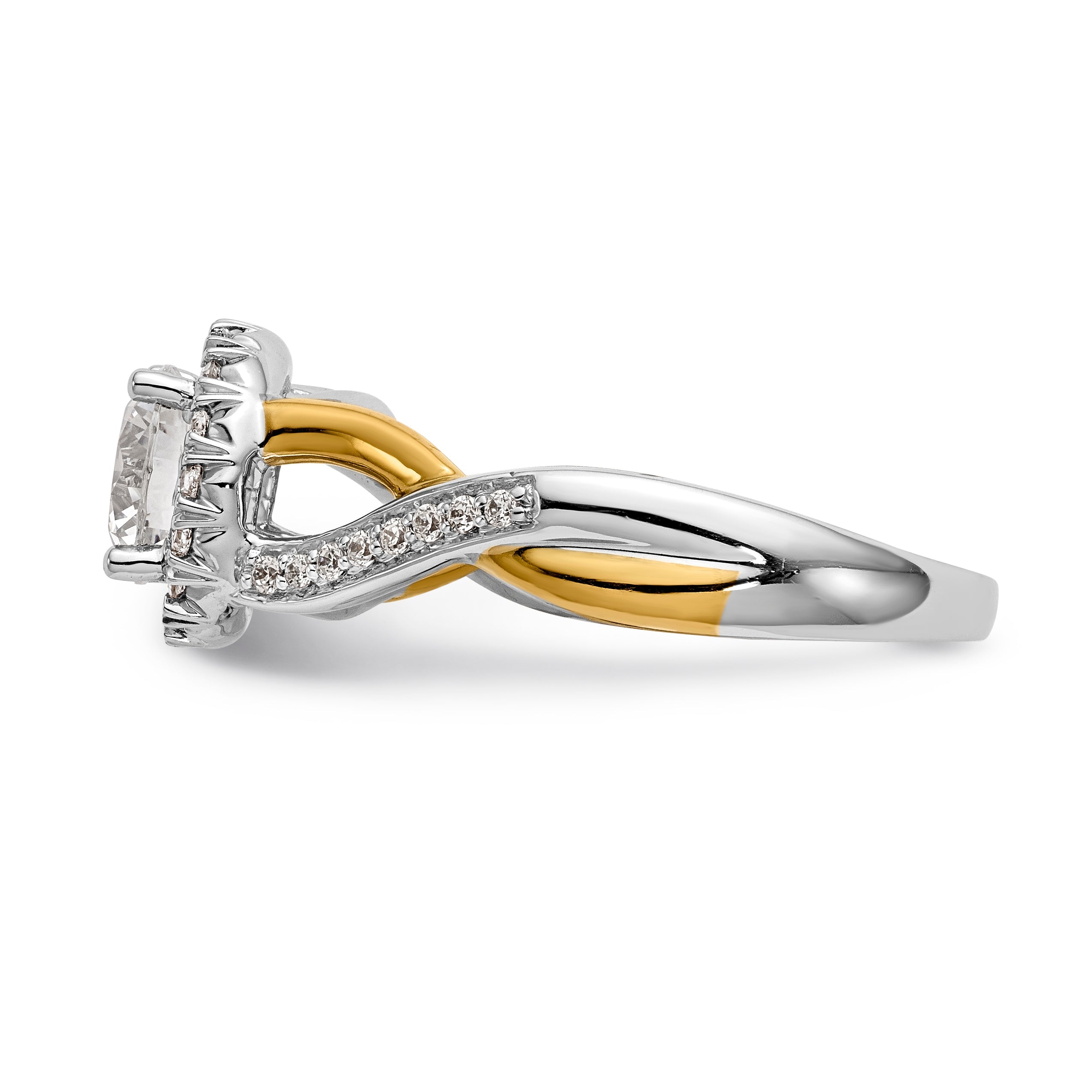 14K Gelb- und Weißgold Verlobungsring mit rundem Zirkonia und Halo