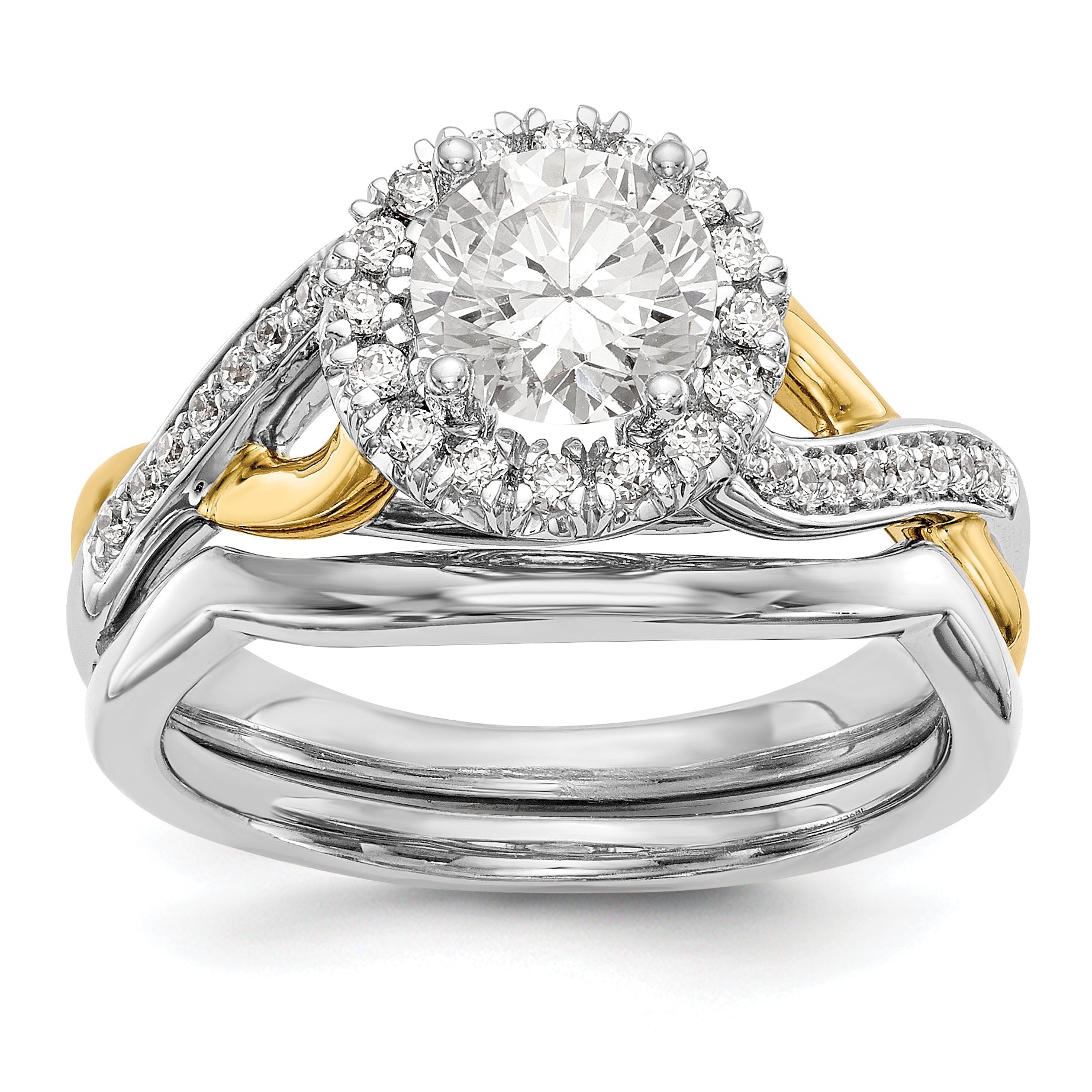 14K Gelb- und Weißgold Verlobungsring mit rundem Zirkonia und Halo