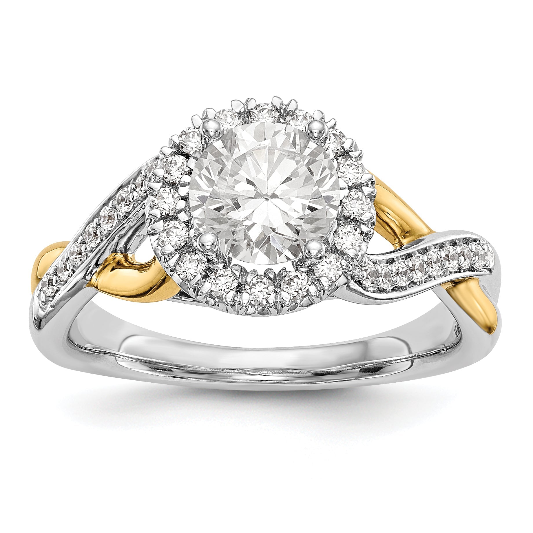 14K Gelb- und Weißgold Verlobungsring mit rundem Zirkonia und Halo