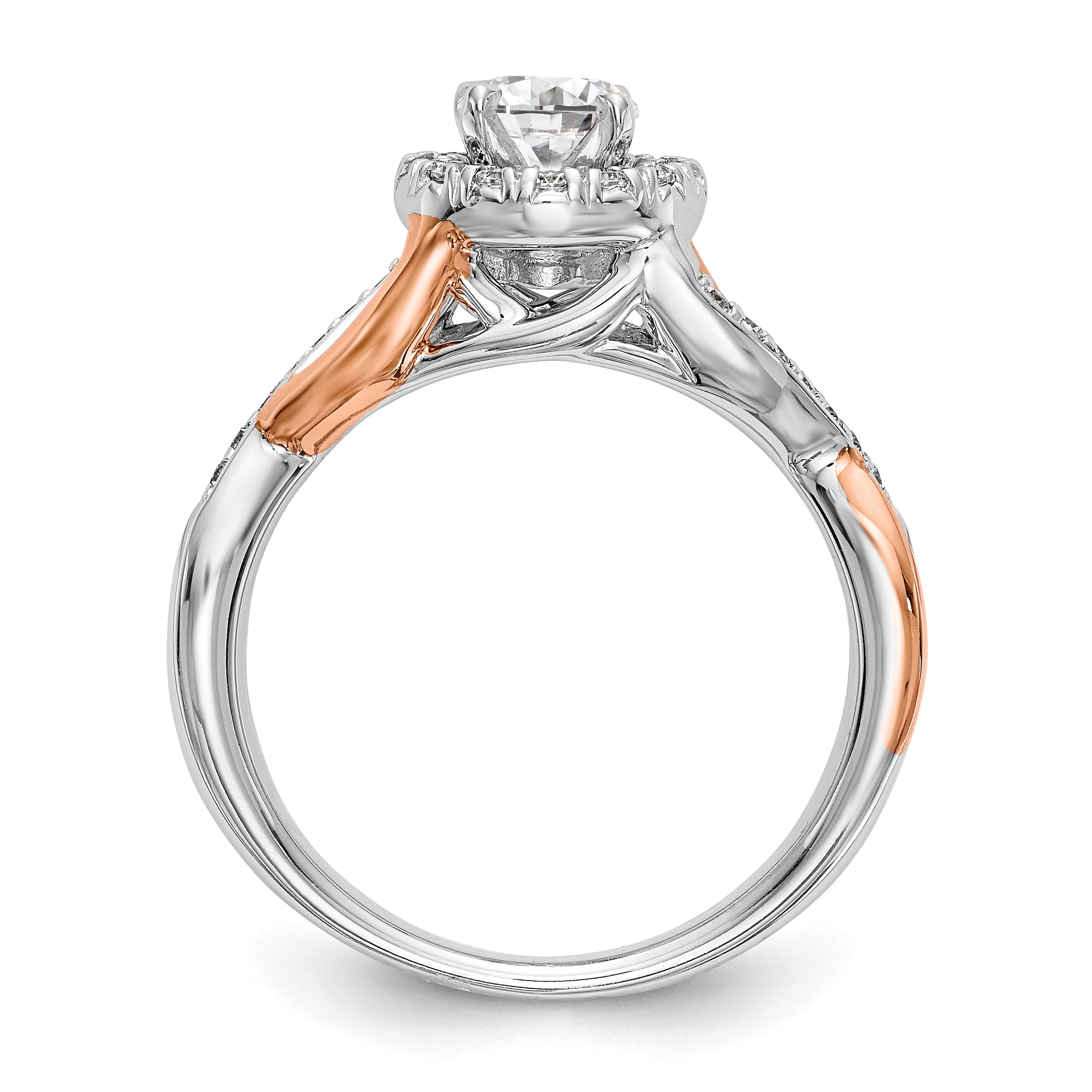 14K Roségold und Weißgold Verlobungsring mit rundem Zirkonia und Halo