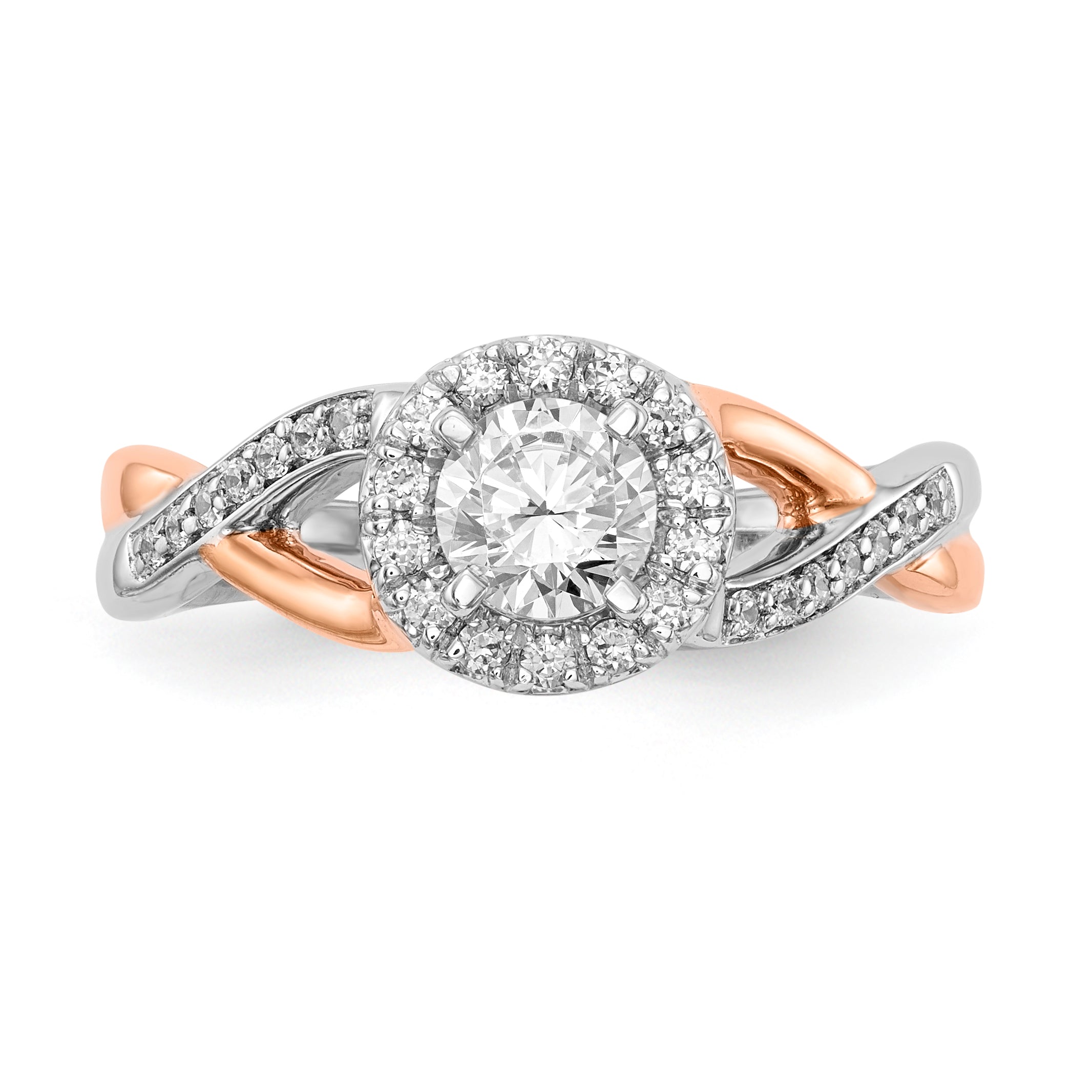 14K Roségold und Weißgold Verlobungsring mit rundem Zirkonia und Halo