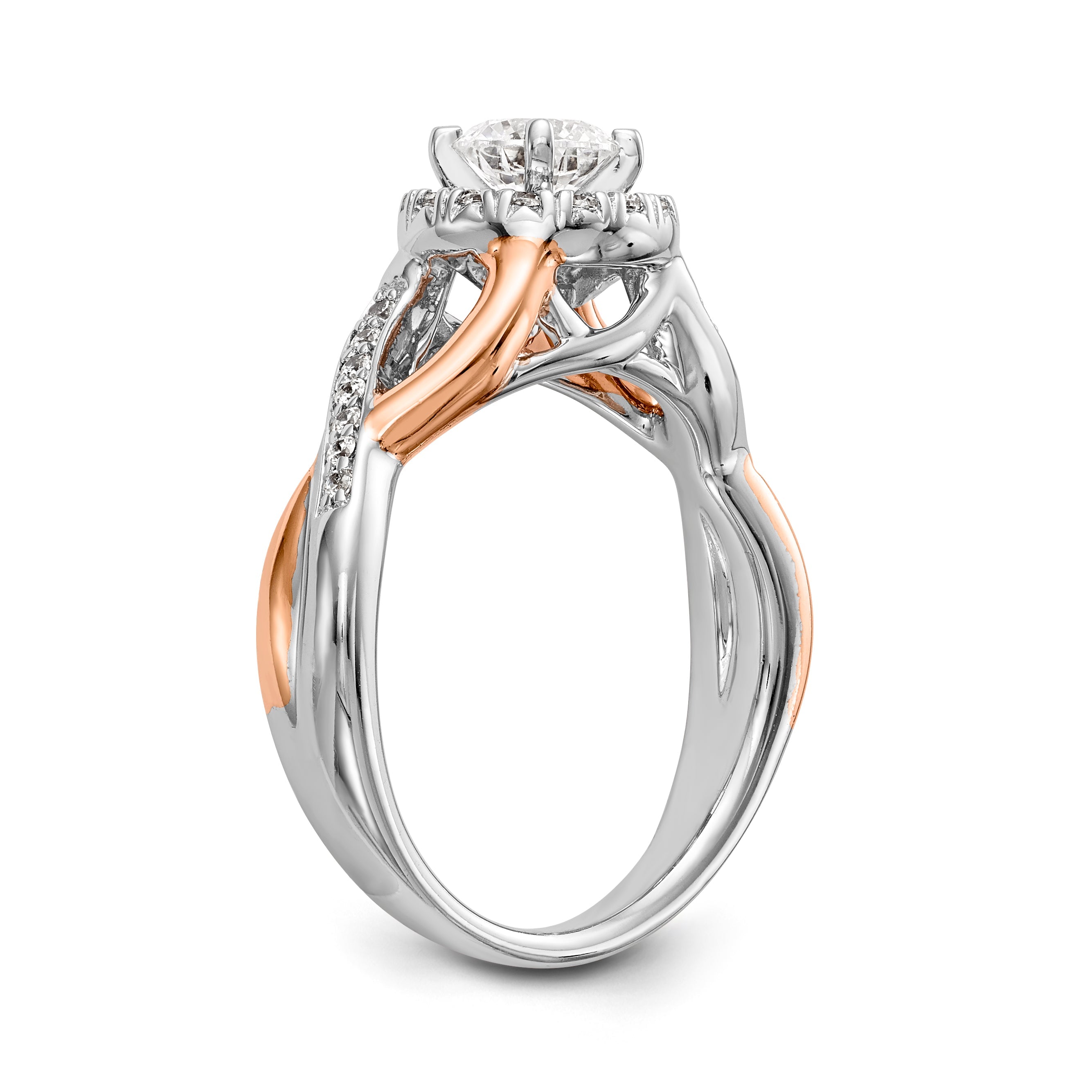 14K Roségold und Weißgold Verlobungsring mit rundem Zirkonia und Halo
