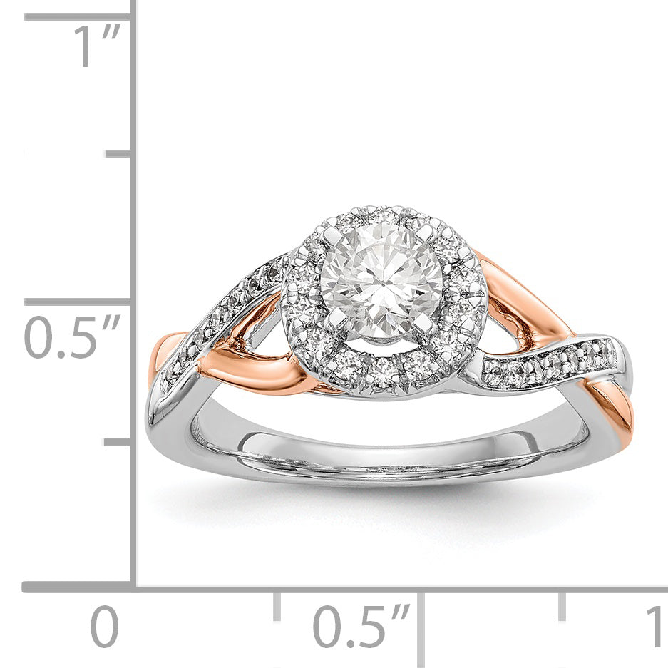 14K Roségold und Weißgold Verlobungsring mit rundem Zirkonia und Halo