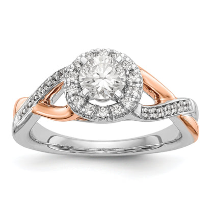 14K Roségold und Weißgold Verlobungsring mit rundem Zirkonia und Halo
