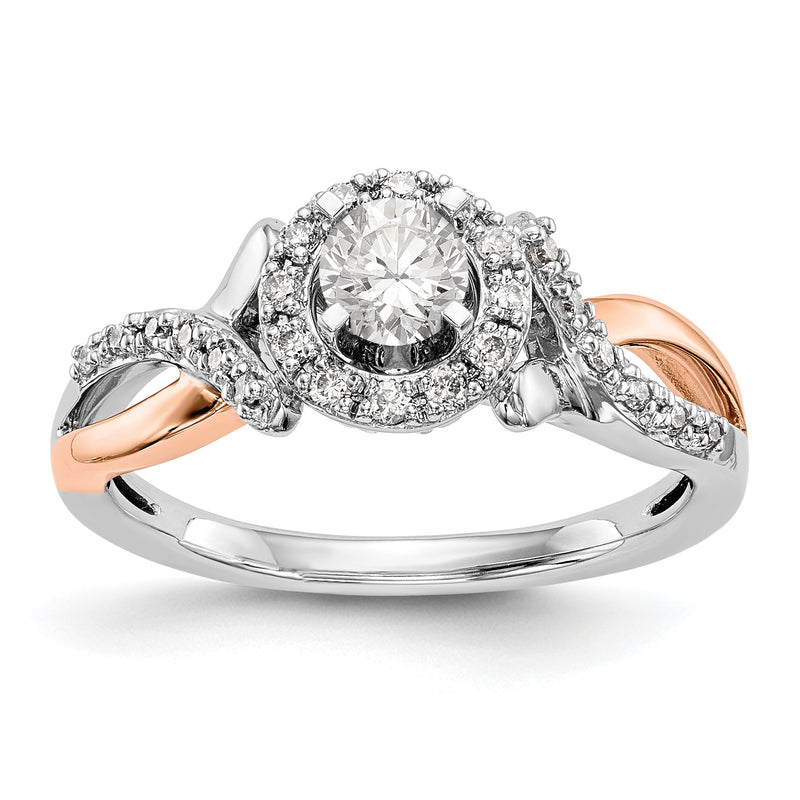 14 Karat Bicolor Verlobungsring mit Peg-Fassung und Diamant-Simulant-Halo
