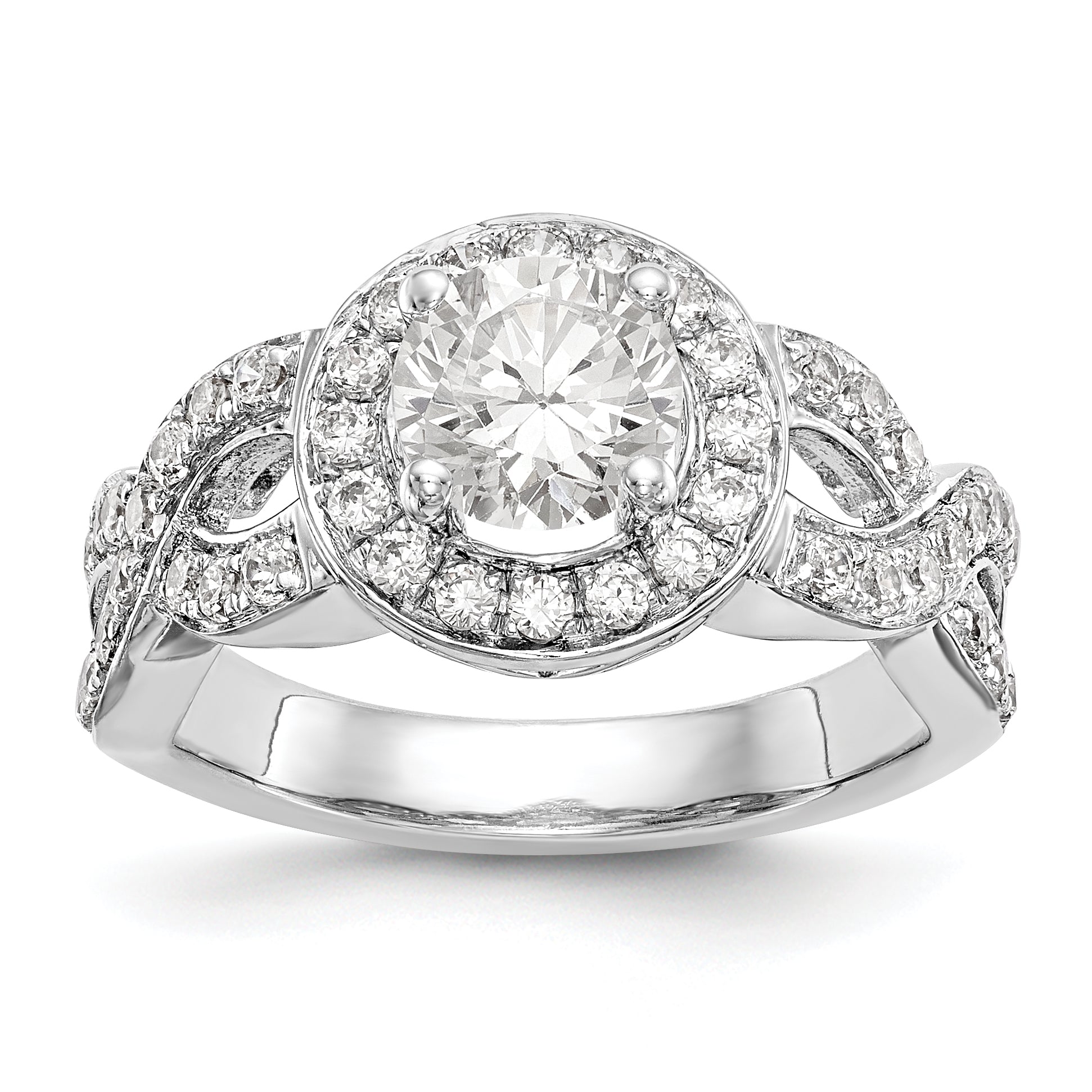 14K Weißgold Verlobungsring mit rundem simuliertem Diamanten und Halo