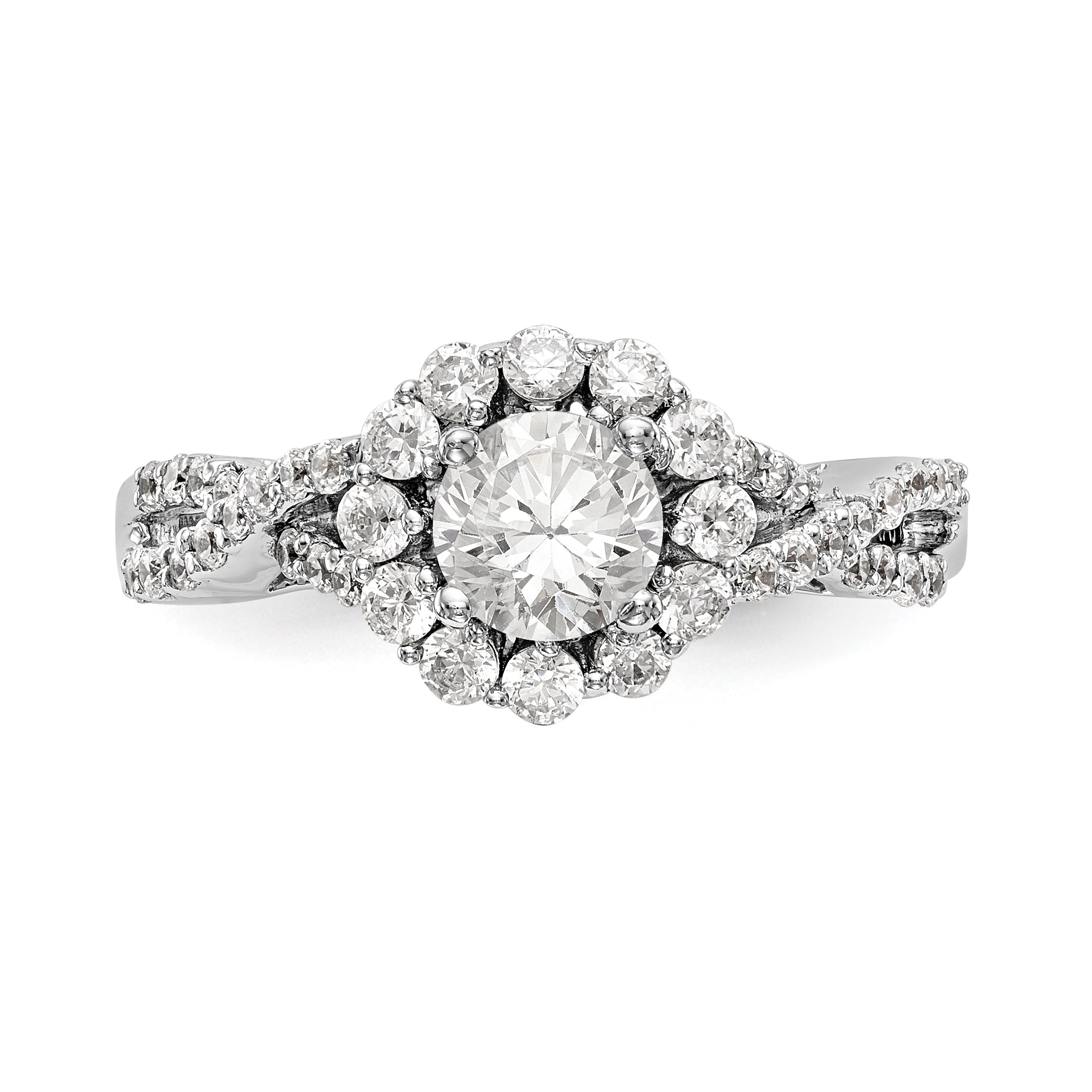 14K Weißgold Verlobungsring mit rundem simuliertem Diamanten und Halo
