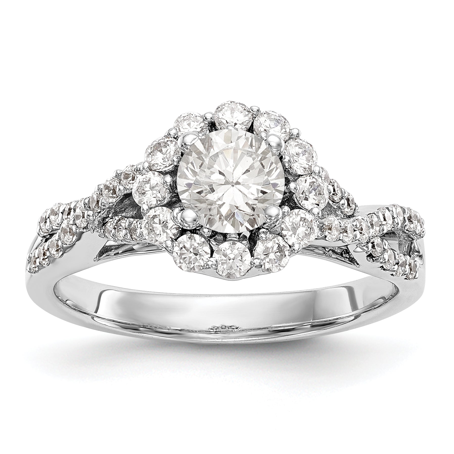 14K Weißgold Verlobungsring mit rundem simuliertem Diamanten und Halo