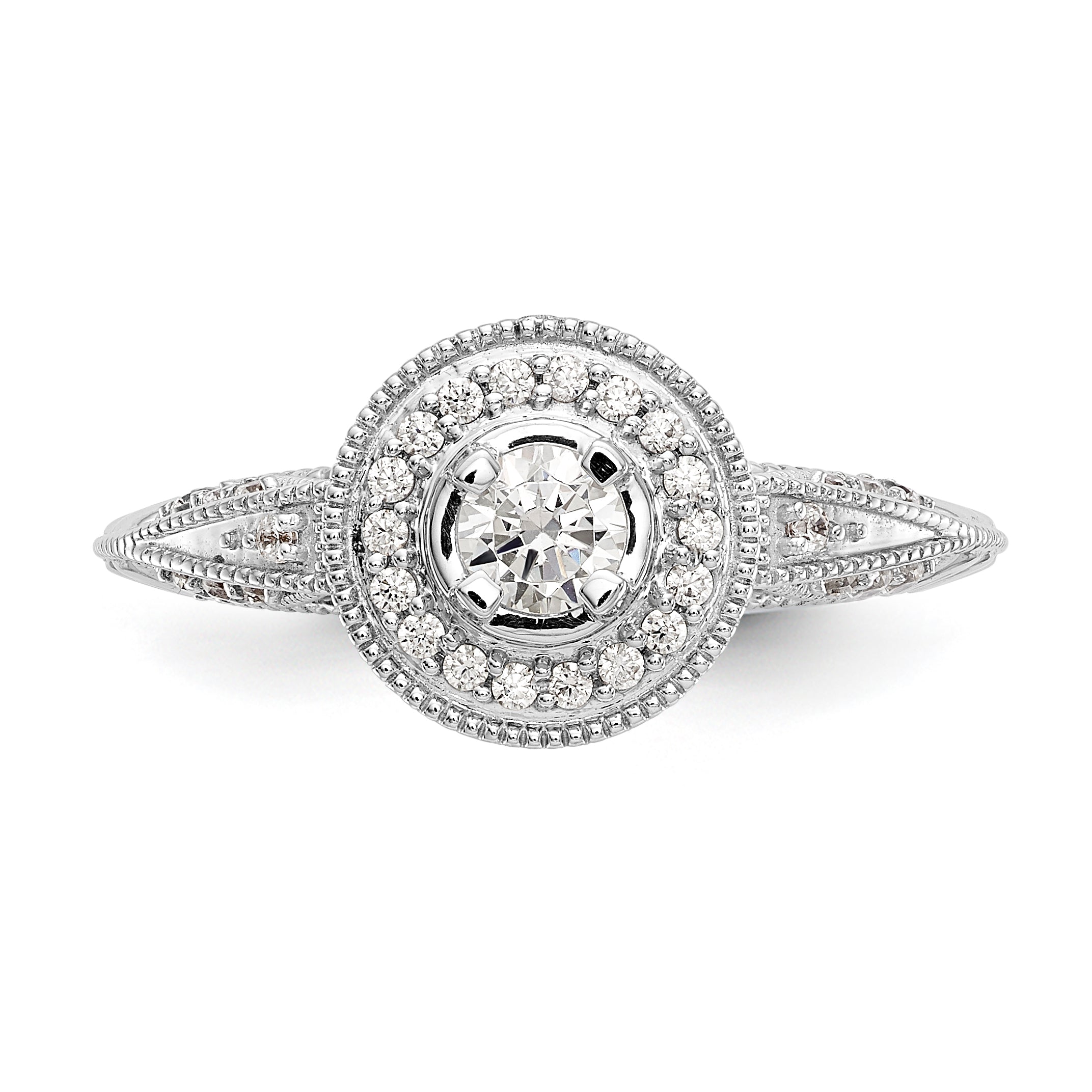 14K Weißgold Verlobungsring mit rundem simuliertem Diamanten und Halo