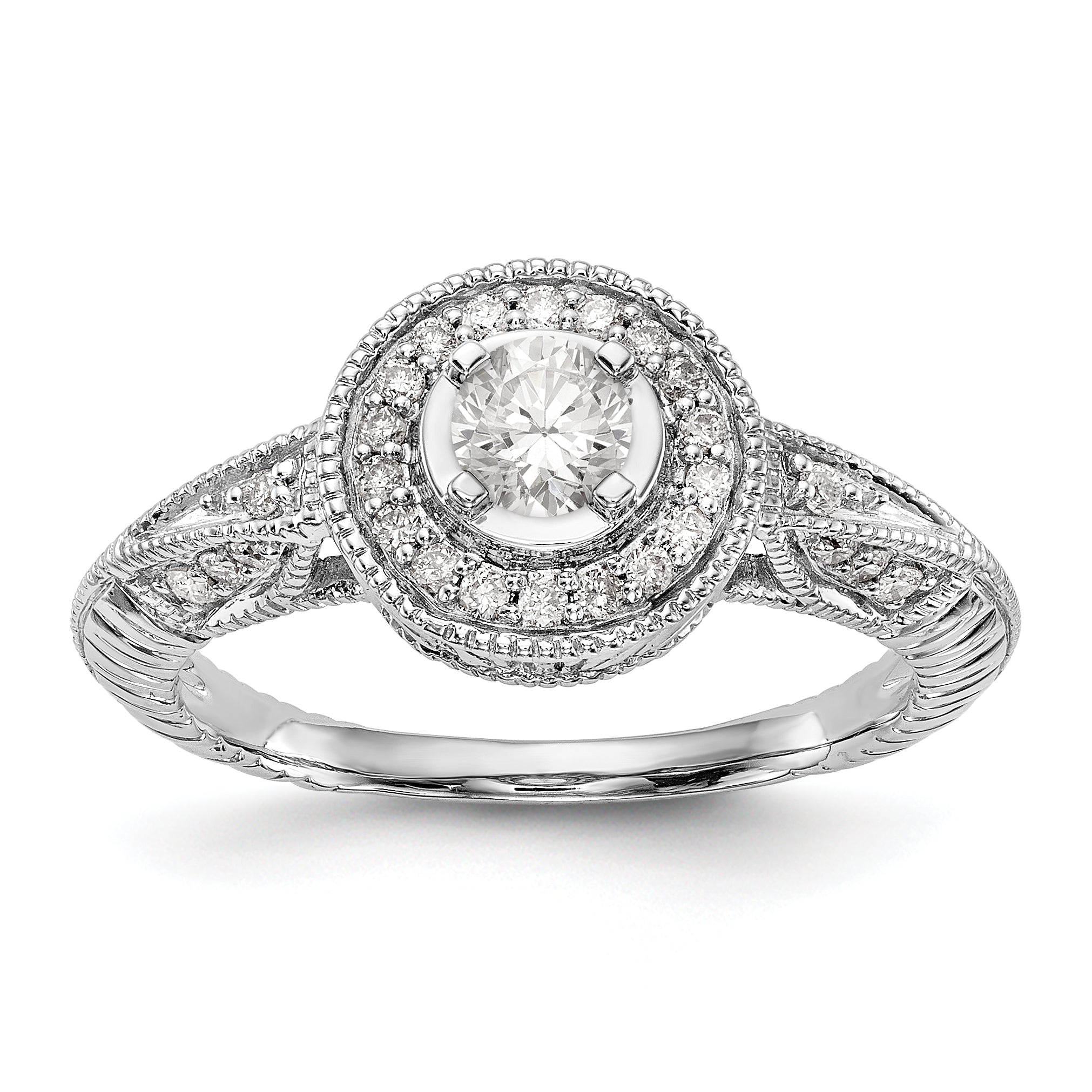14K Weißgold Verlobungsring mit rundem simuliertem Diamanten und Halo