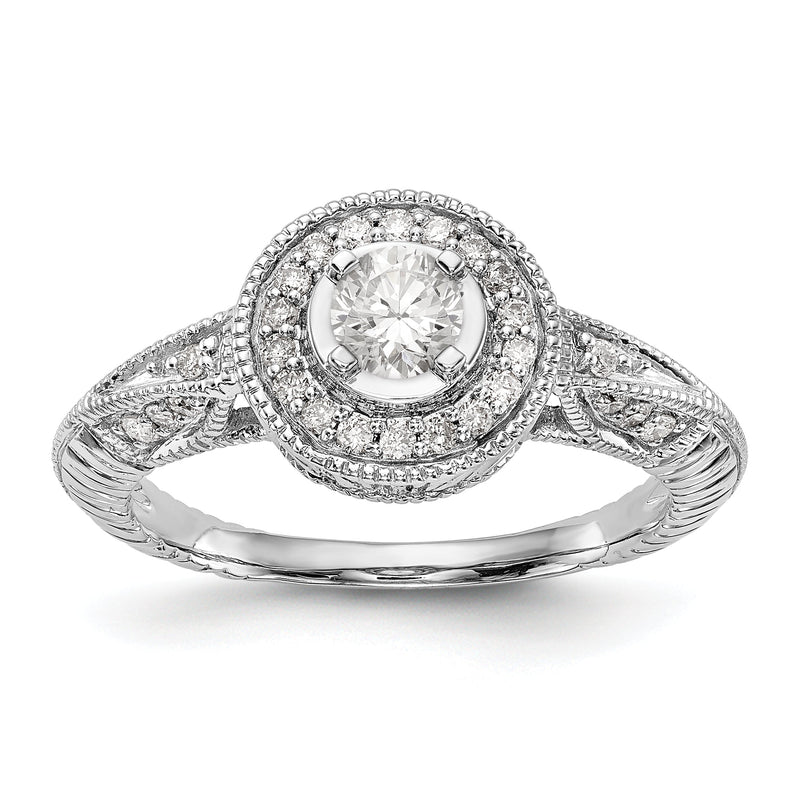 14K Weißgold Verlobungsring mit rundem simuliertem Diamanten und Halo
