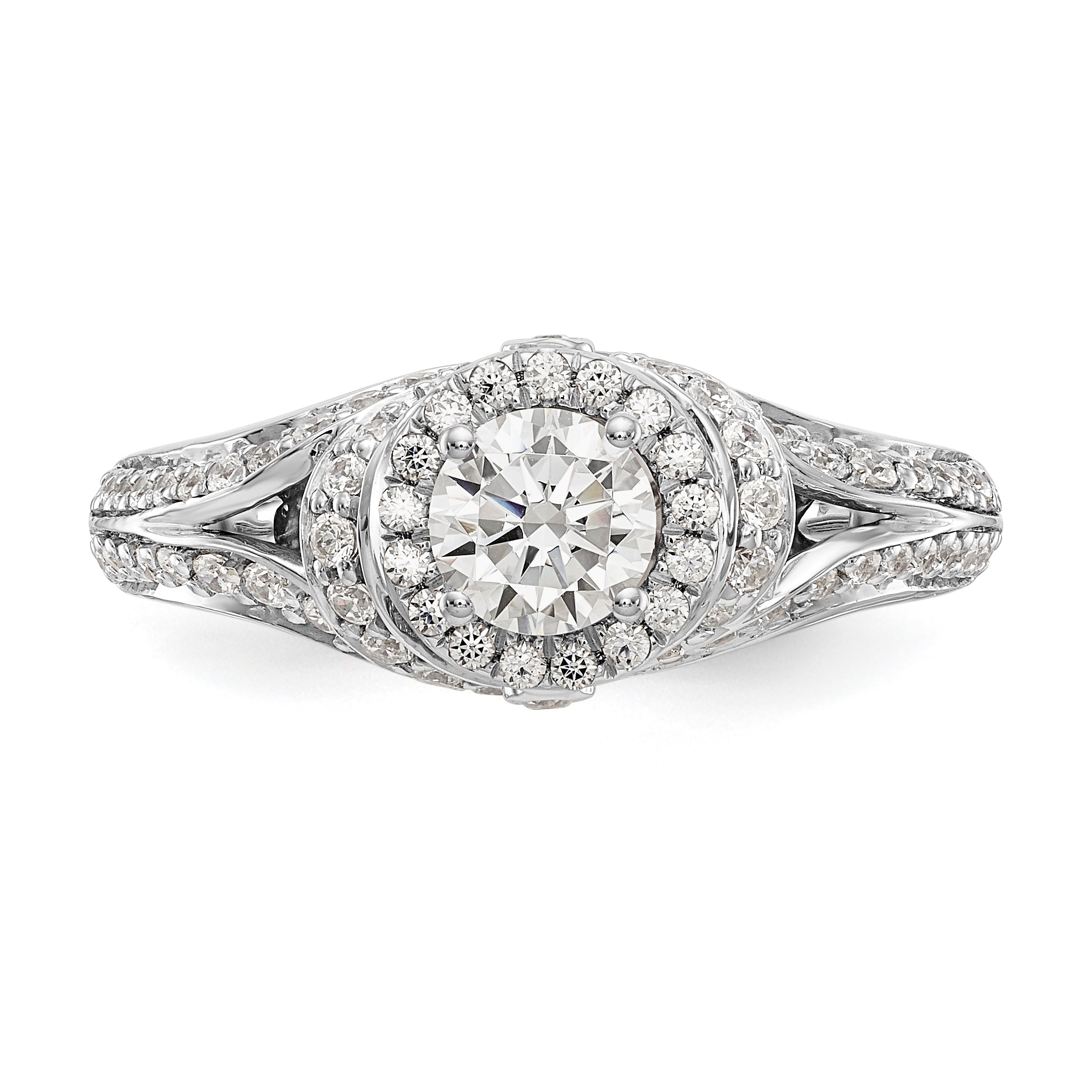 14K Weißgold Verlobungsring mit rundem simulierten Diamanten und Halo