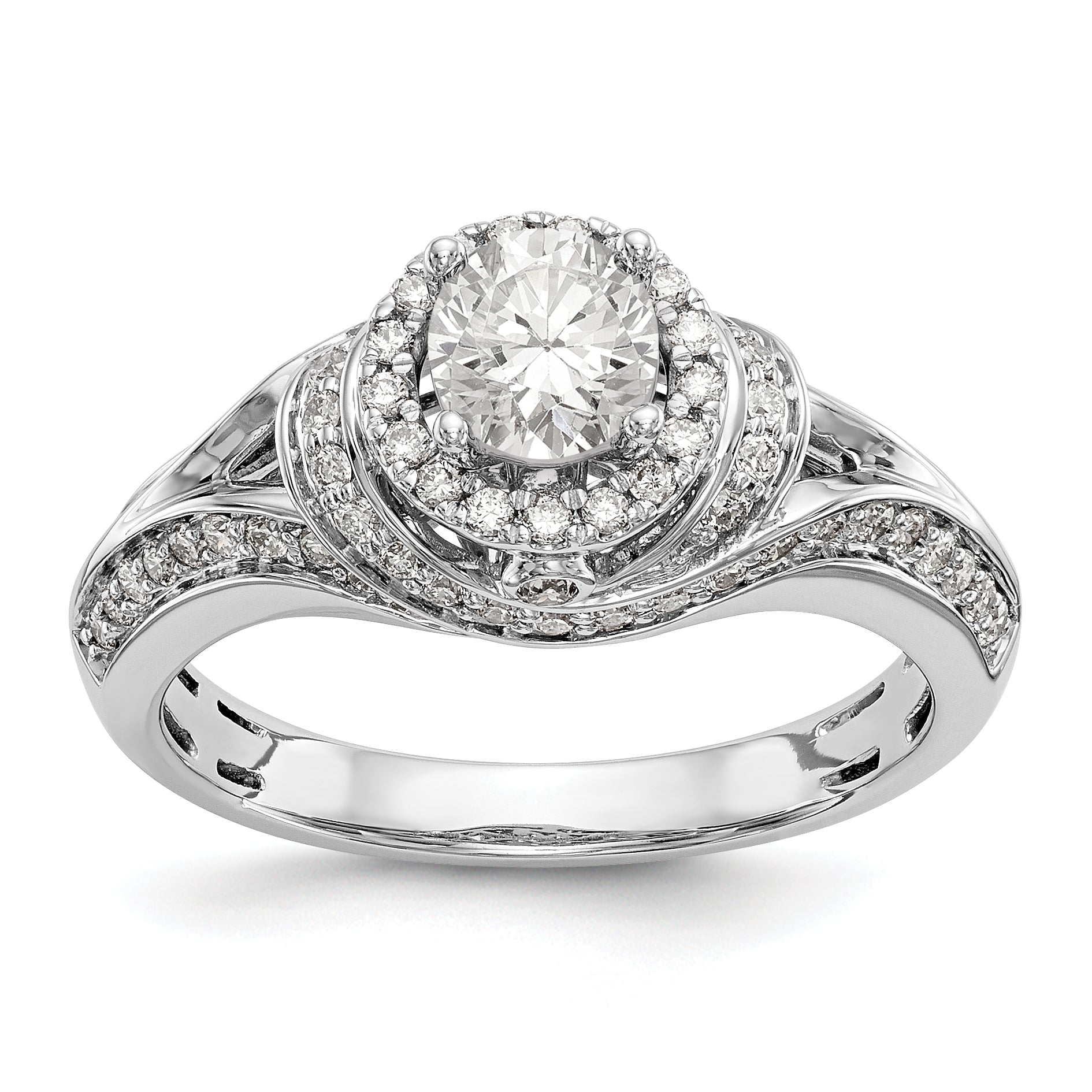 14K Weißgold Verlobungsring mit rundem simulierten Diamanten und Halo