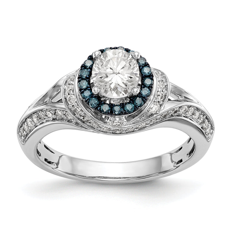 14K Weißgold Verlobungsring mit rundem blauem und weißem simulierten Diamanten im Halo-Design