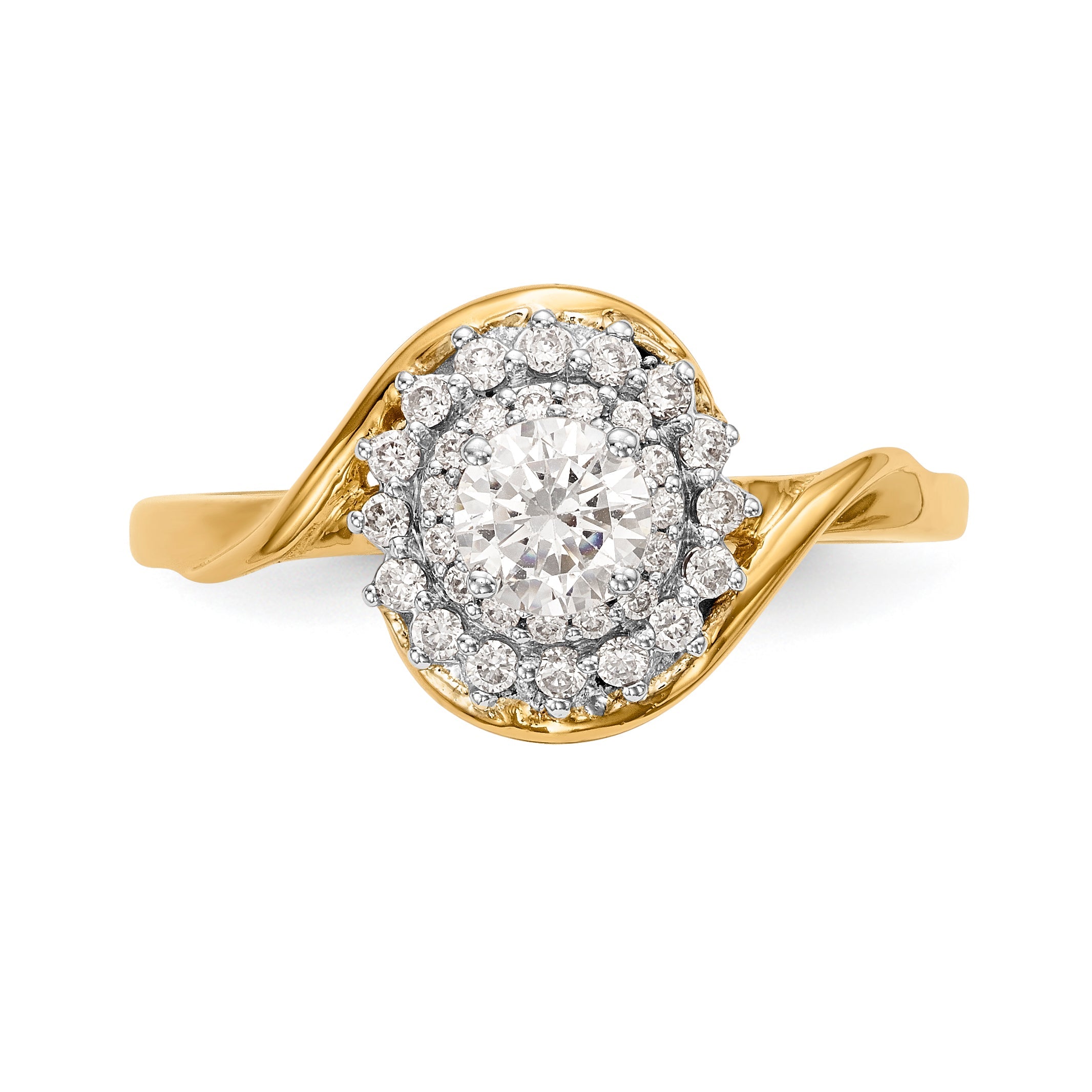 14K Gelbgold Verlobungsring mit rundem simuliertem Diamanten und Halo-Fassung