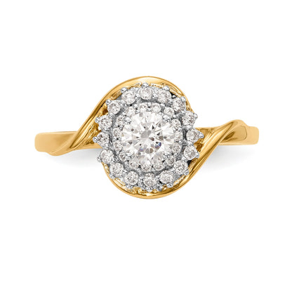 14K Gelbgold Verlobungsring mit rundem simuliertem Diamanten und Halo-Fassung