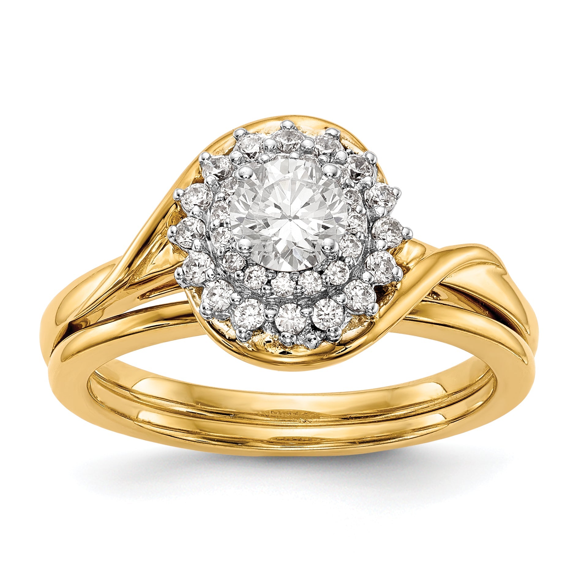 14K Gelbgold Verlobungsring mit rundem simuliertem Diamanten und Halo-Fassung