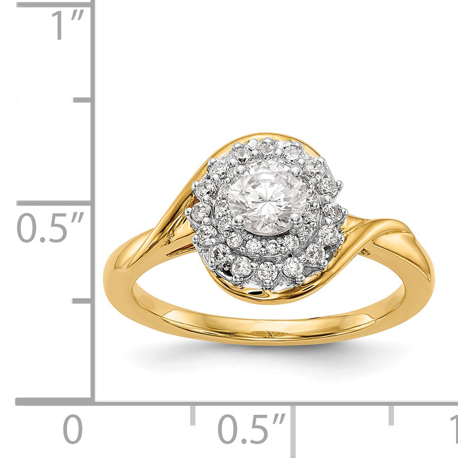 14K Gelbgold Verlobungsring mit rundem simuliertem Diamanten und Halo-Fassung