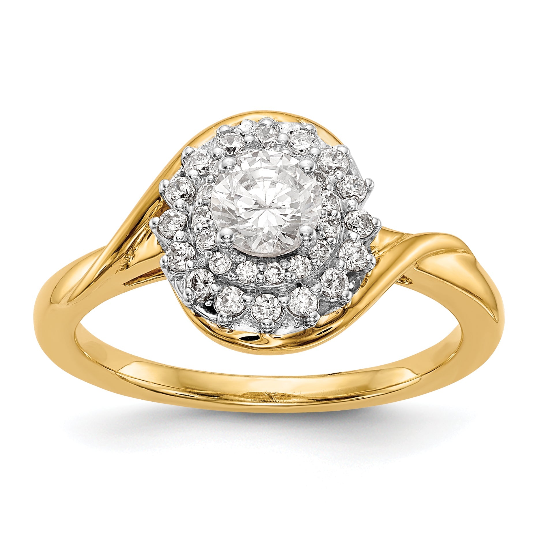 14K Gelbgold Verlobungsring mit rundem simuliertem Diamanten und Halo-Fassung