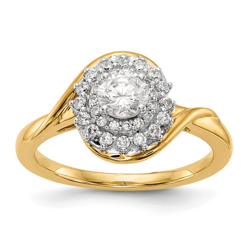 14K Gelbgold Verlobungsring mit rundem simuliertem Diamanten und Halo-Fassung