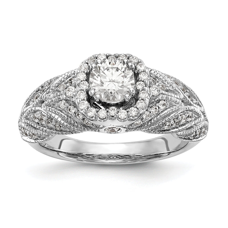 14K Weißgold Verlobungsring mit rundem simuliertem Diamant und Halo