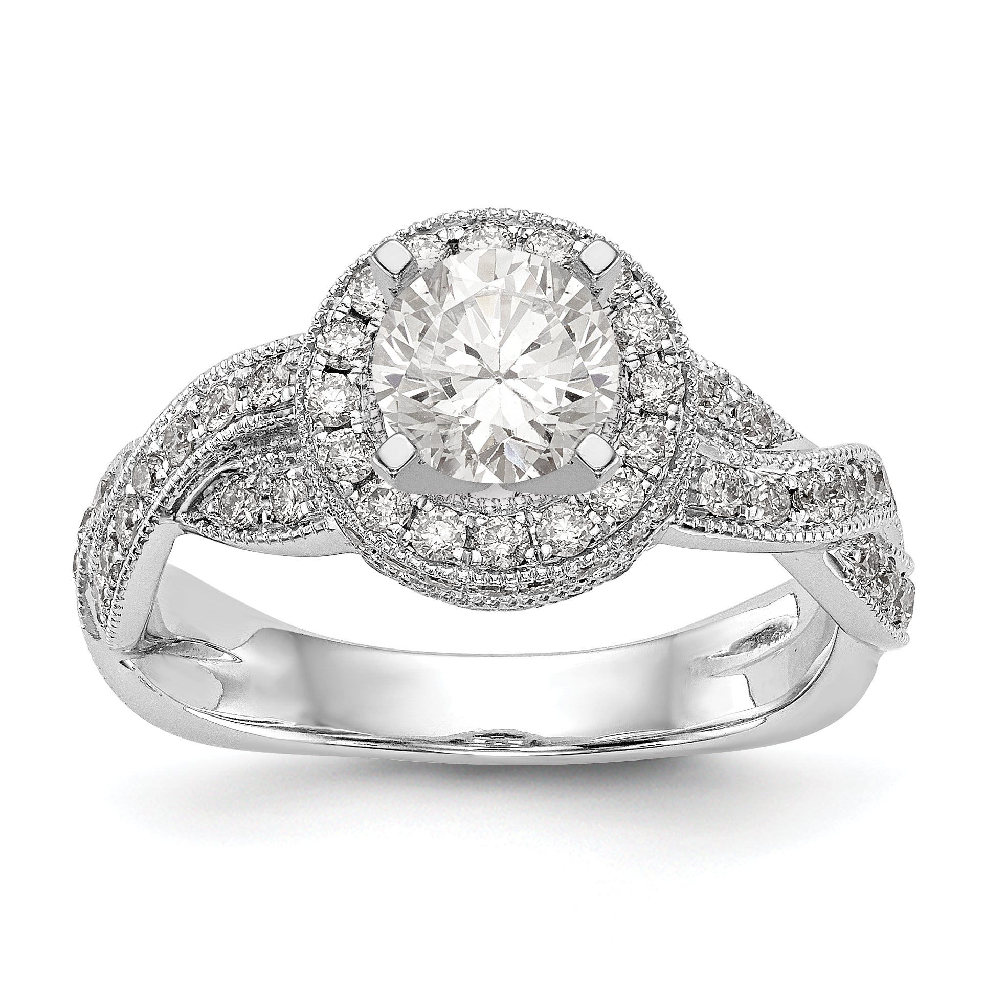 14K Weißgold Verlobungsring mit Halo und Peg-Fassung, simulierte Diamanten