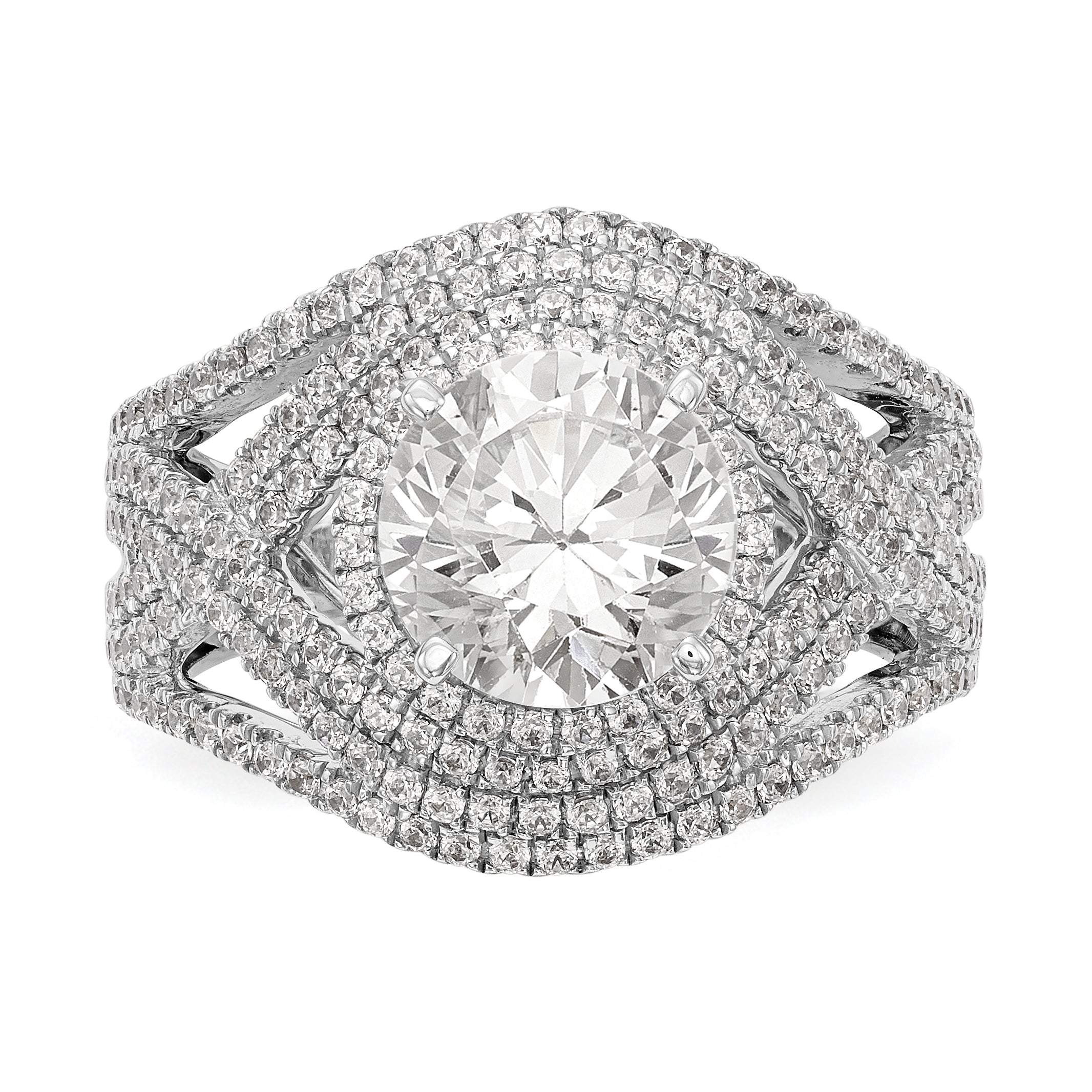 14K Weißgold Verlobungsring mit Halo aus simulierten Diamanten, Krappenfassung