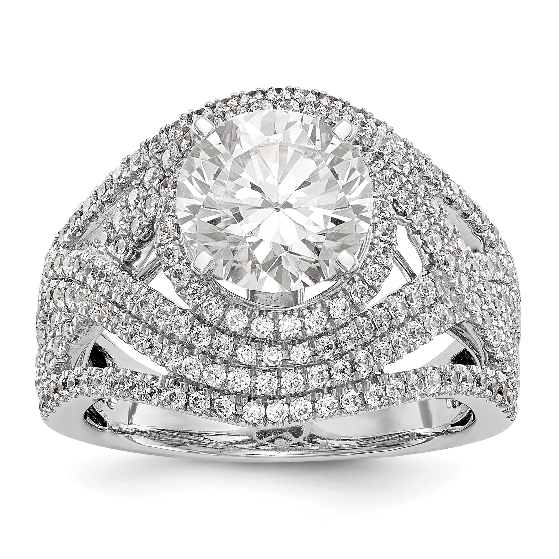 14K Weißgold Verlobungsring mit Halo aus simulierten Diamanten, Krappenfassung