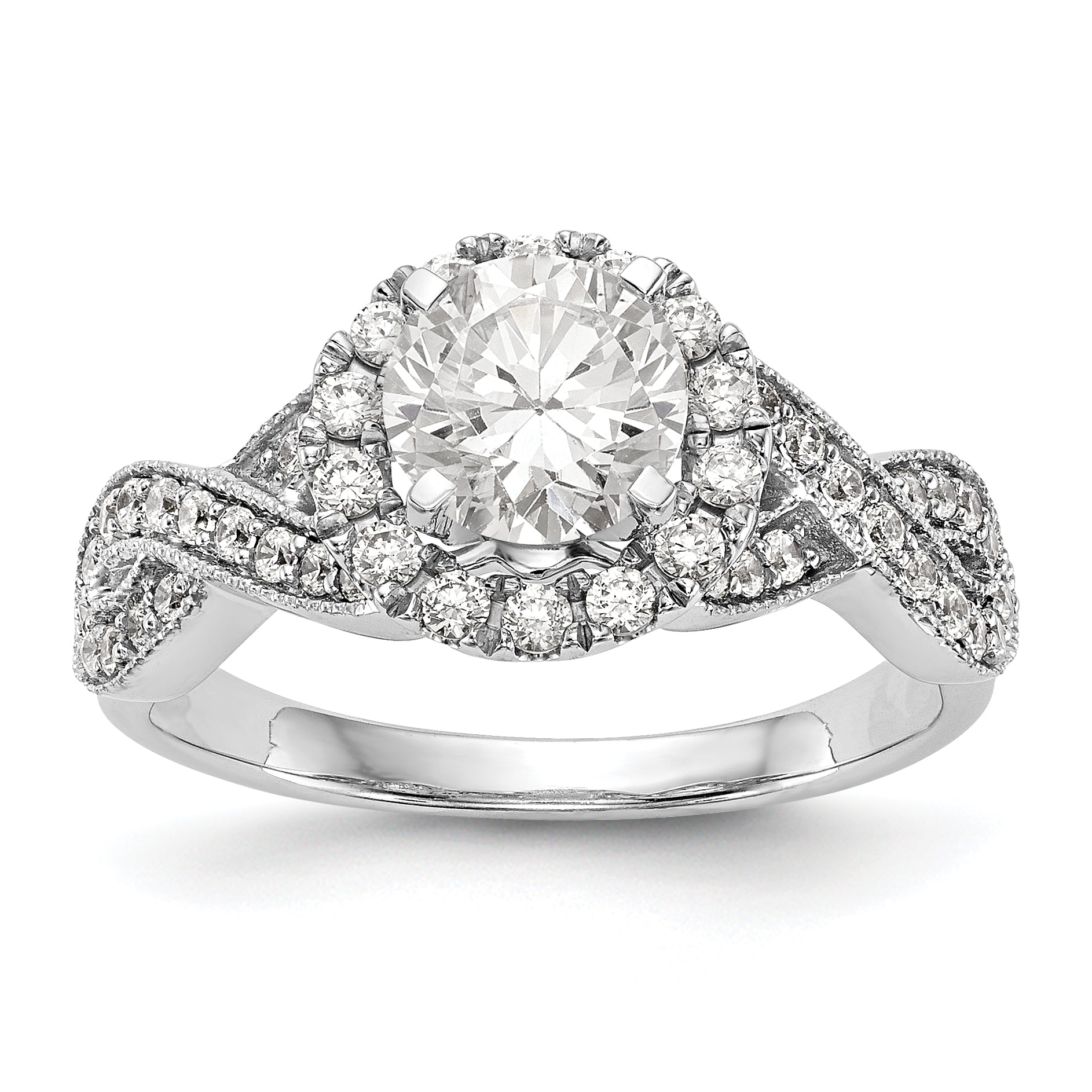 14K Weißgold Verlobungsring mit Halo aus simulierten Diamanten in Krappenfassung