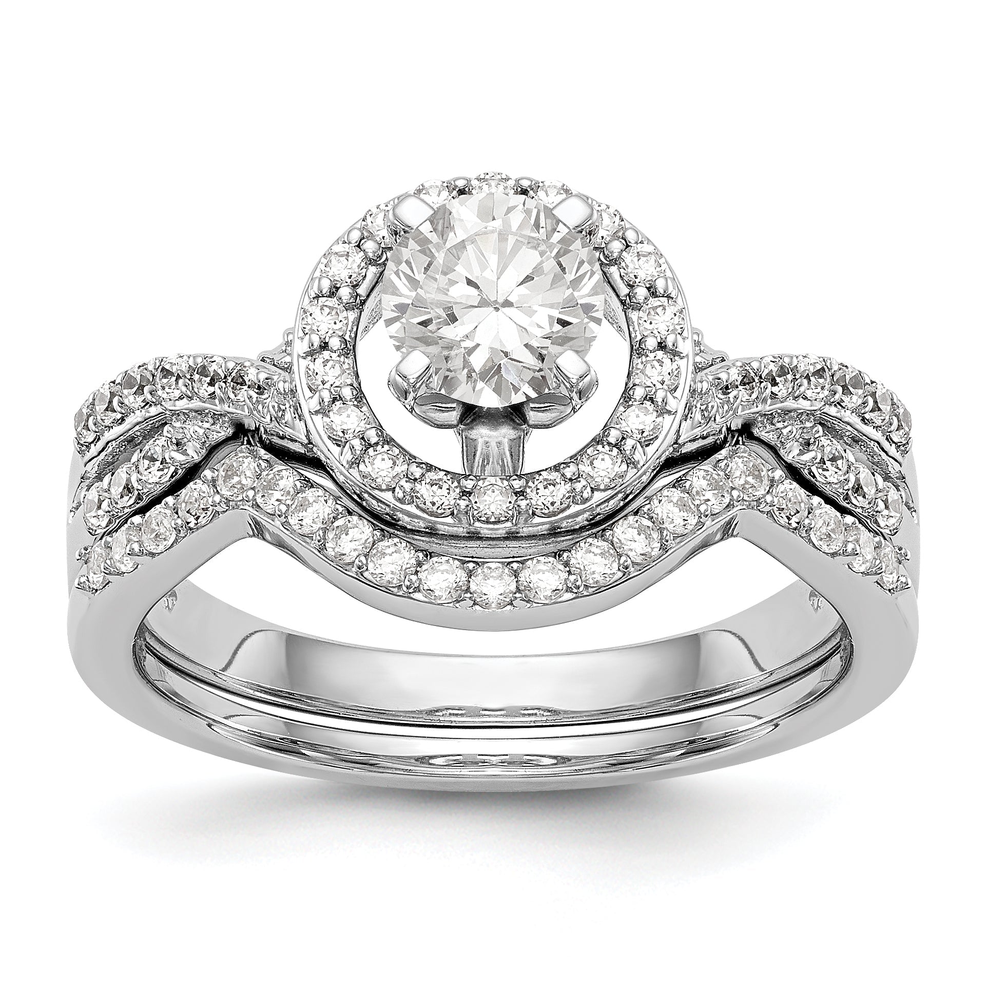 14K Weißgold Verlobungsring mit Halo aus simulierten Diamanten in Krappenfassung