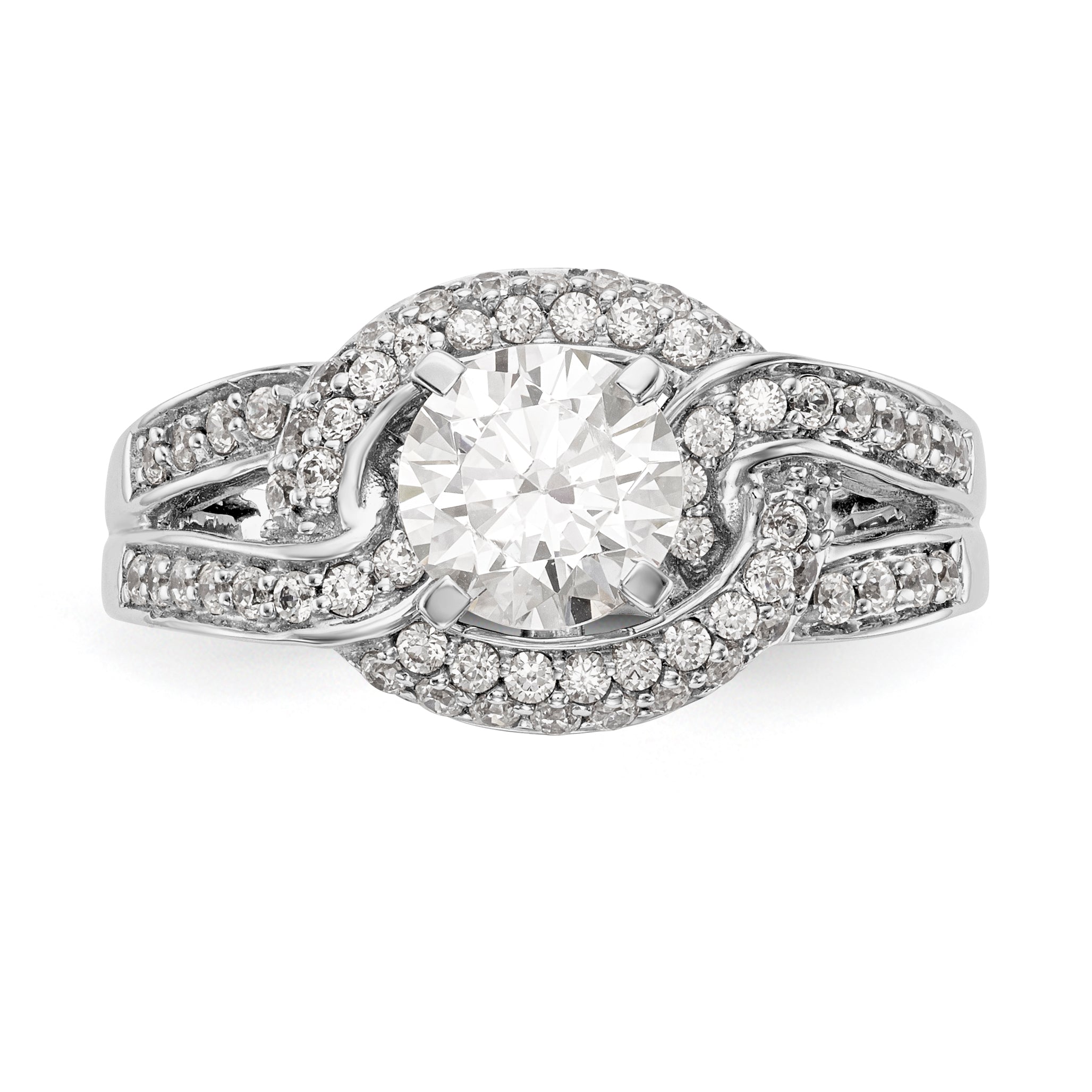 14K Weißgold Verlobungsring mit Halo aus simulierten Diamanten, Steinbesatz mit Krappen