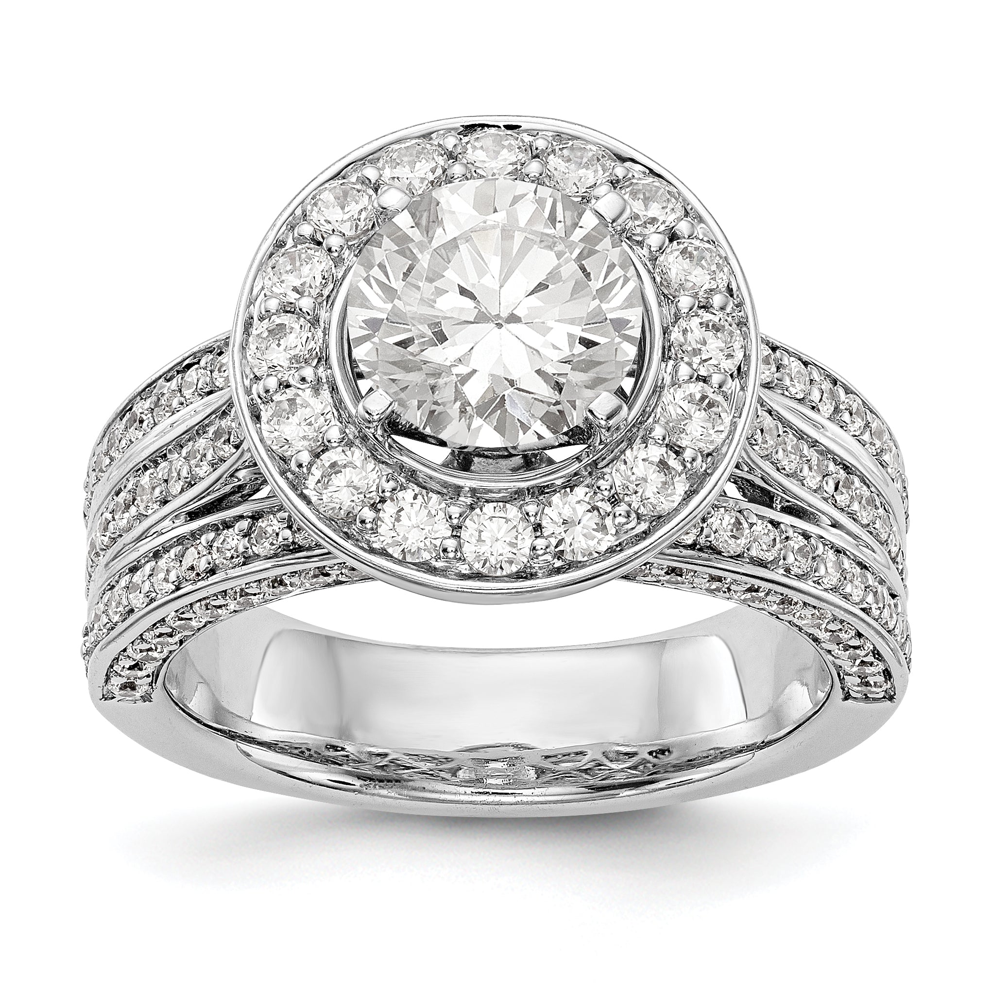 14K Weißgold Verlobungsring mit Halo aus simulierten Diamanten in Krappenfassung
