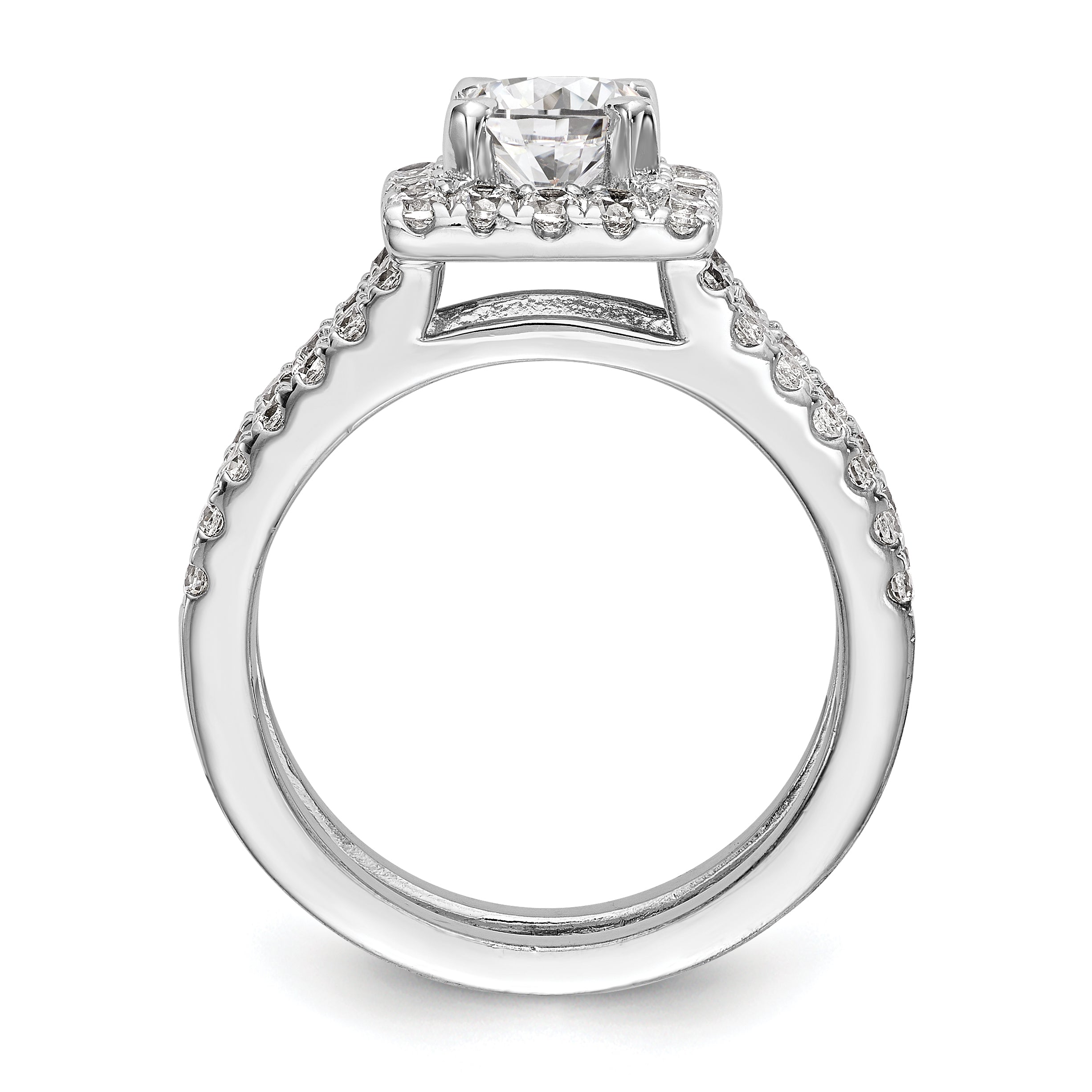 14K Weißgold Verlobungsring mit rundem simuliertem Diamanten in quadratischer Halo-Fassung