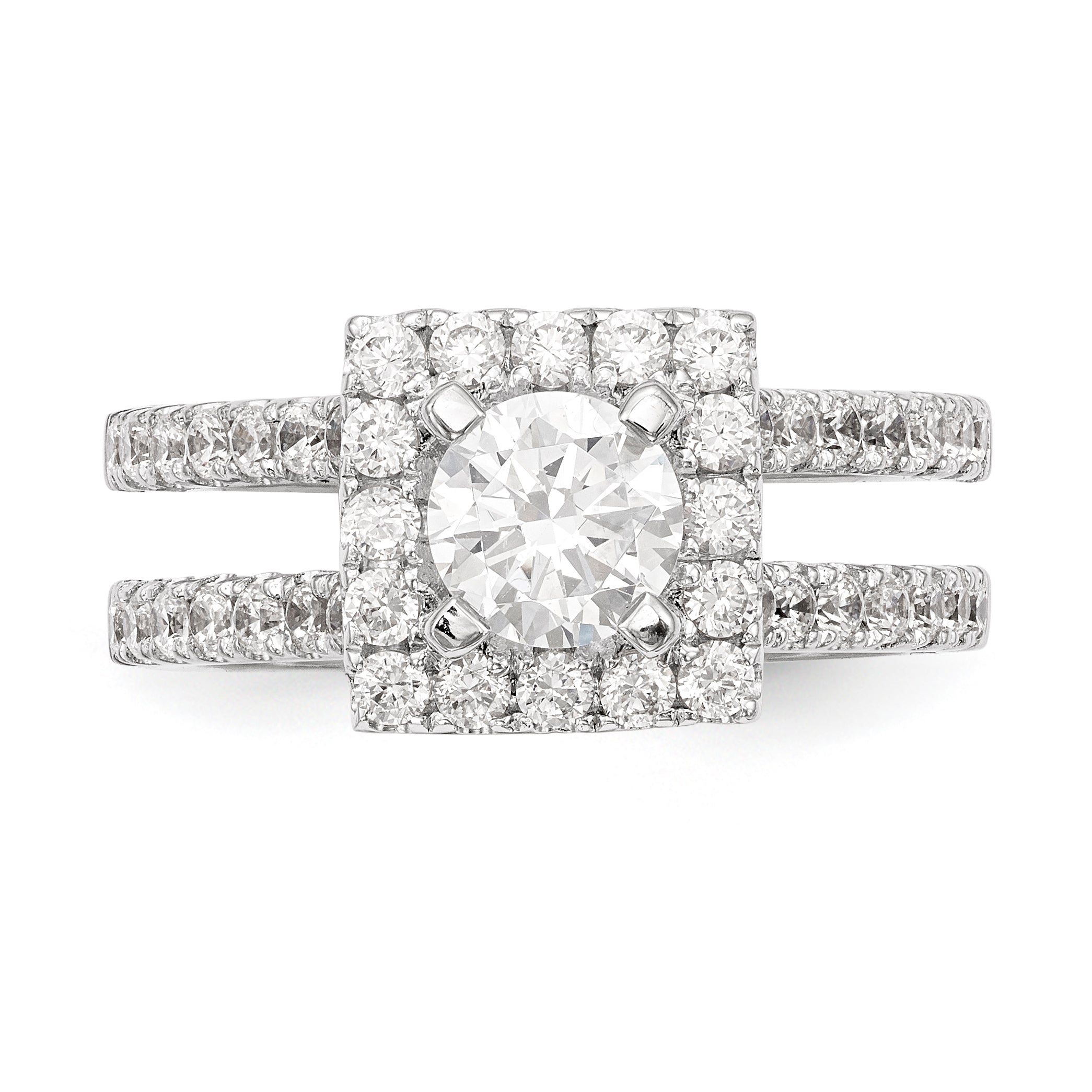 14 Karat Weißgold Verlobungsring mit rundem simuliertem Diamanten in quadratischer Halo-Fassung