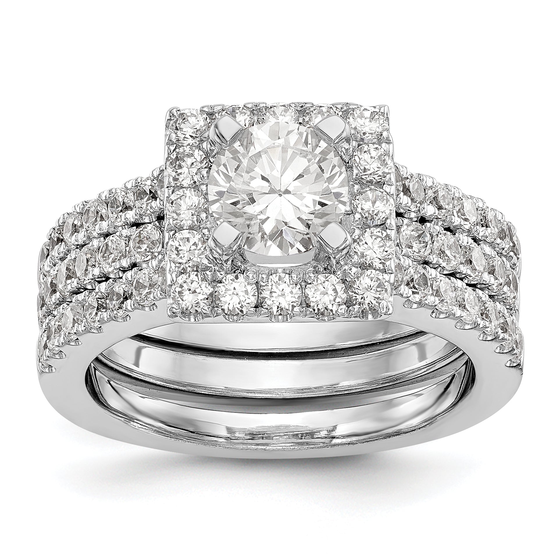 14 Karat Weißgold Verlobungsring mit rundem simuliertem Diamanten in quadratischer Halo-Fassung