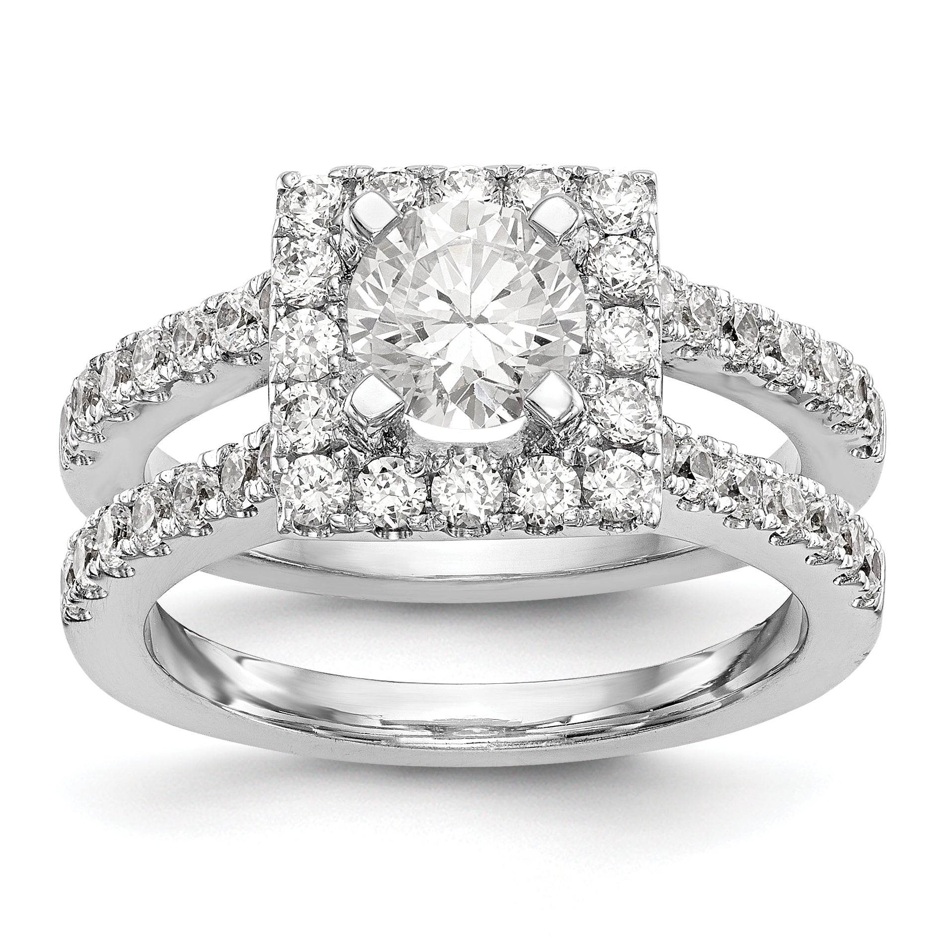 14K Weißgold Verlobungsring mit rundem simuliertem Diamanten in quadratischer Halo-Fassung