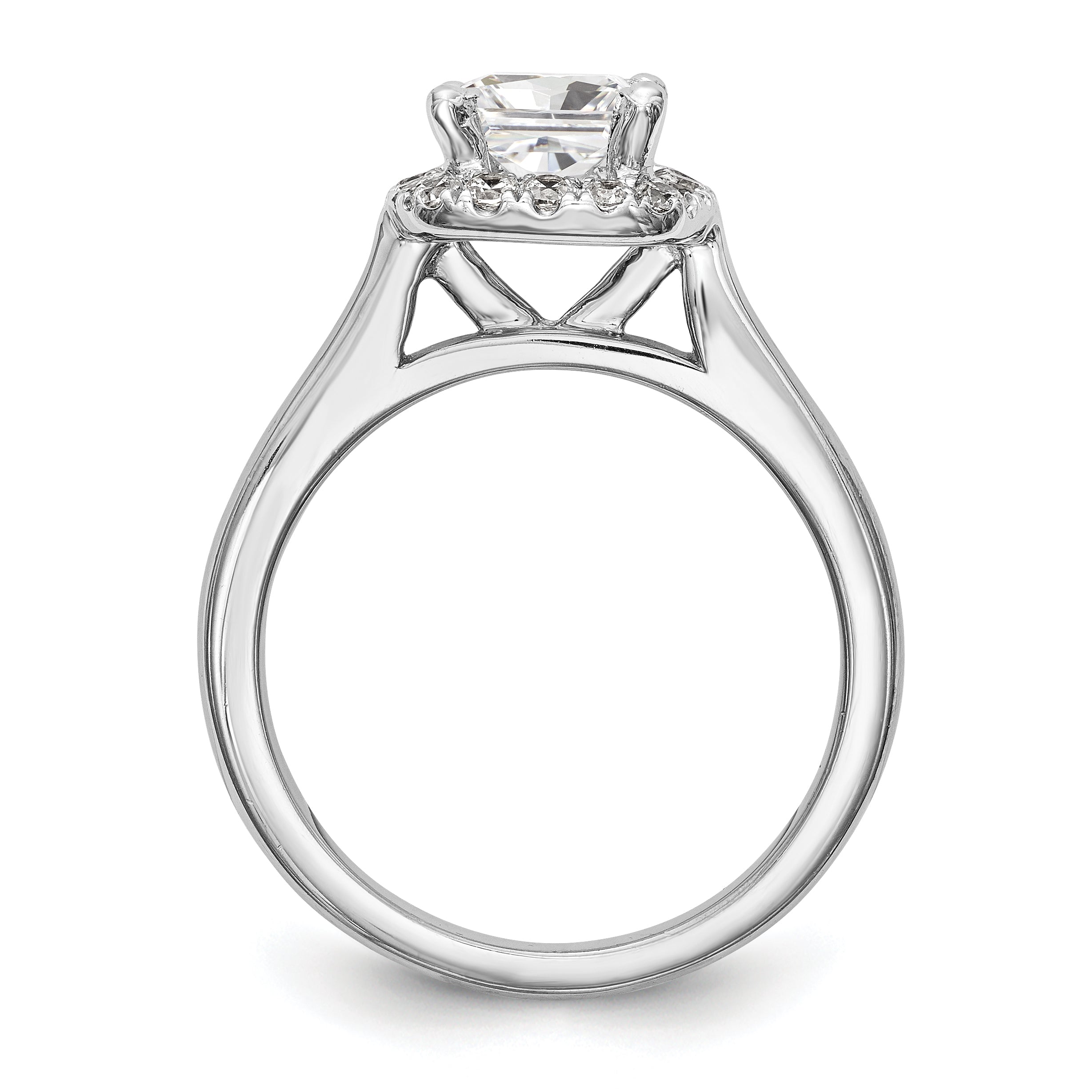 14K Weißgold Verlobungsring mit Diamant-Imitat im Princess-Schliff und Halo im Kissenschliff