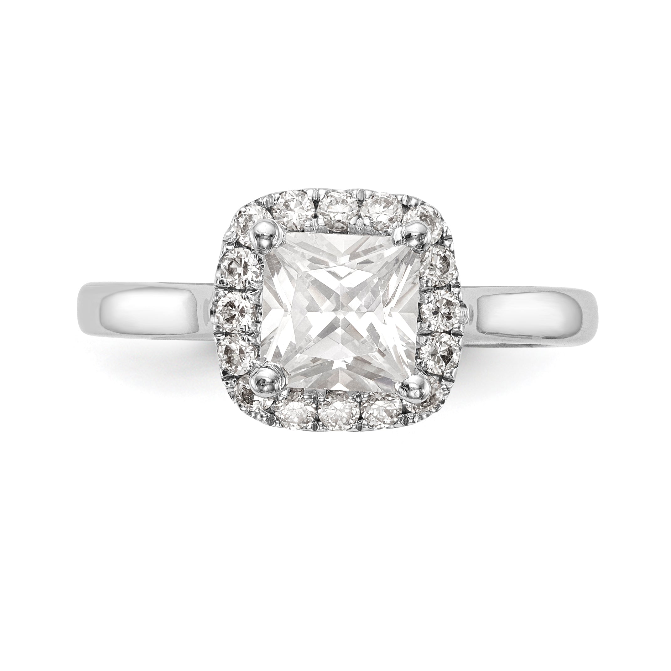 14K Weißgold Verlobungsring mit Diamant-Imitat im Princess-Schliff und Halo im Kissenschliff