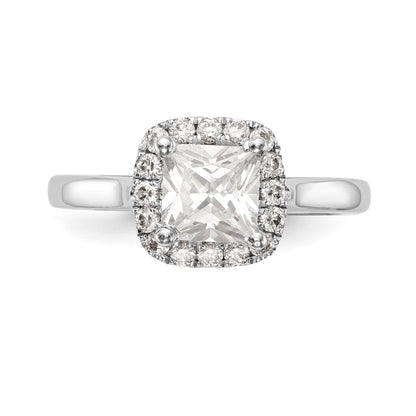 14K Weißgold Verlobungsring mit Diamant-Imitat im Princess-Schliff und Halo im Kissenschliff