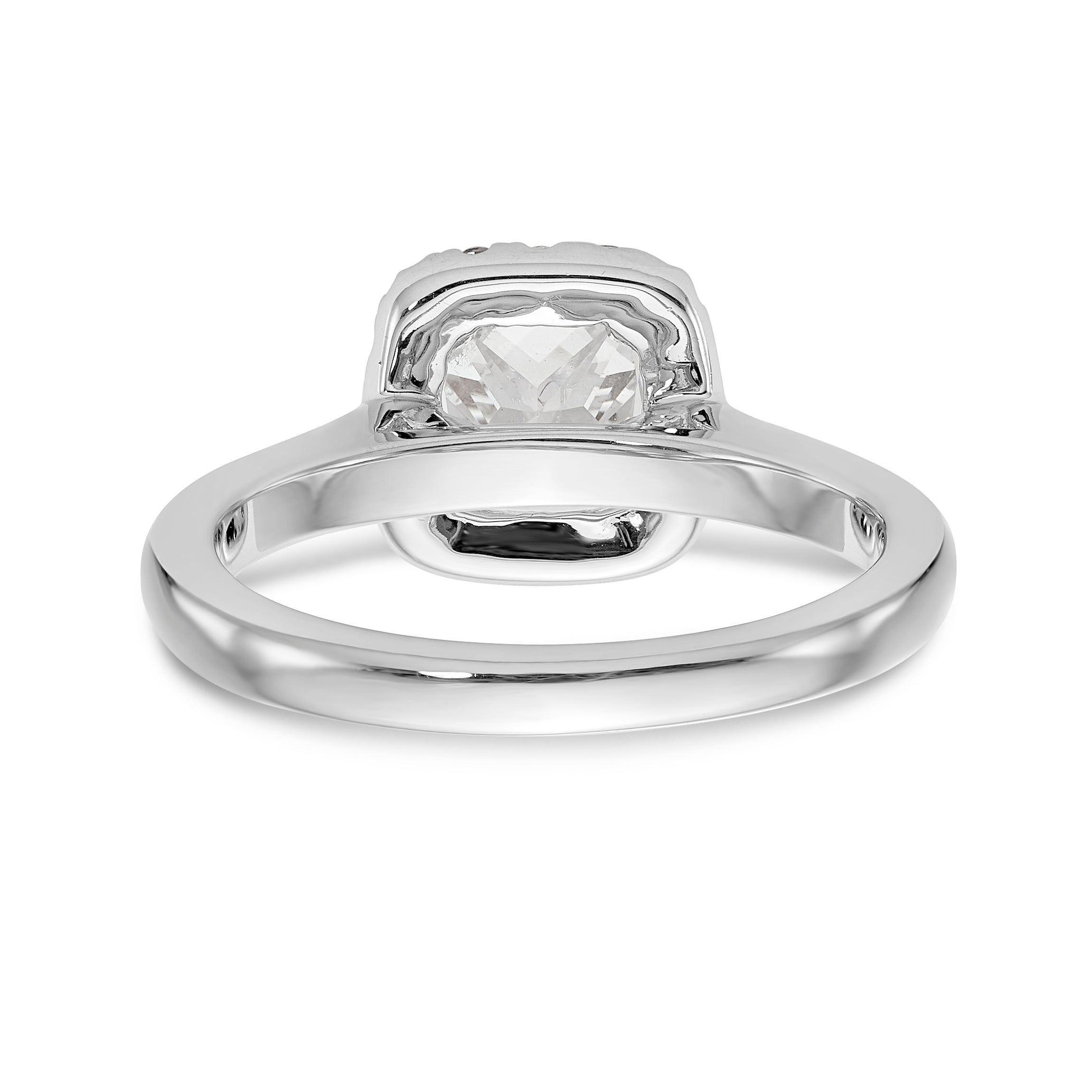 14K Weißgold Verlobungsring mit Diamant-Imitat im Princess-Schliff und Halo im Kissenschliff