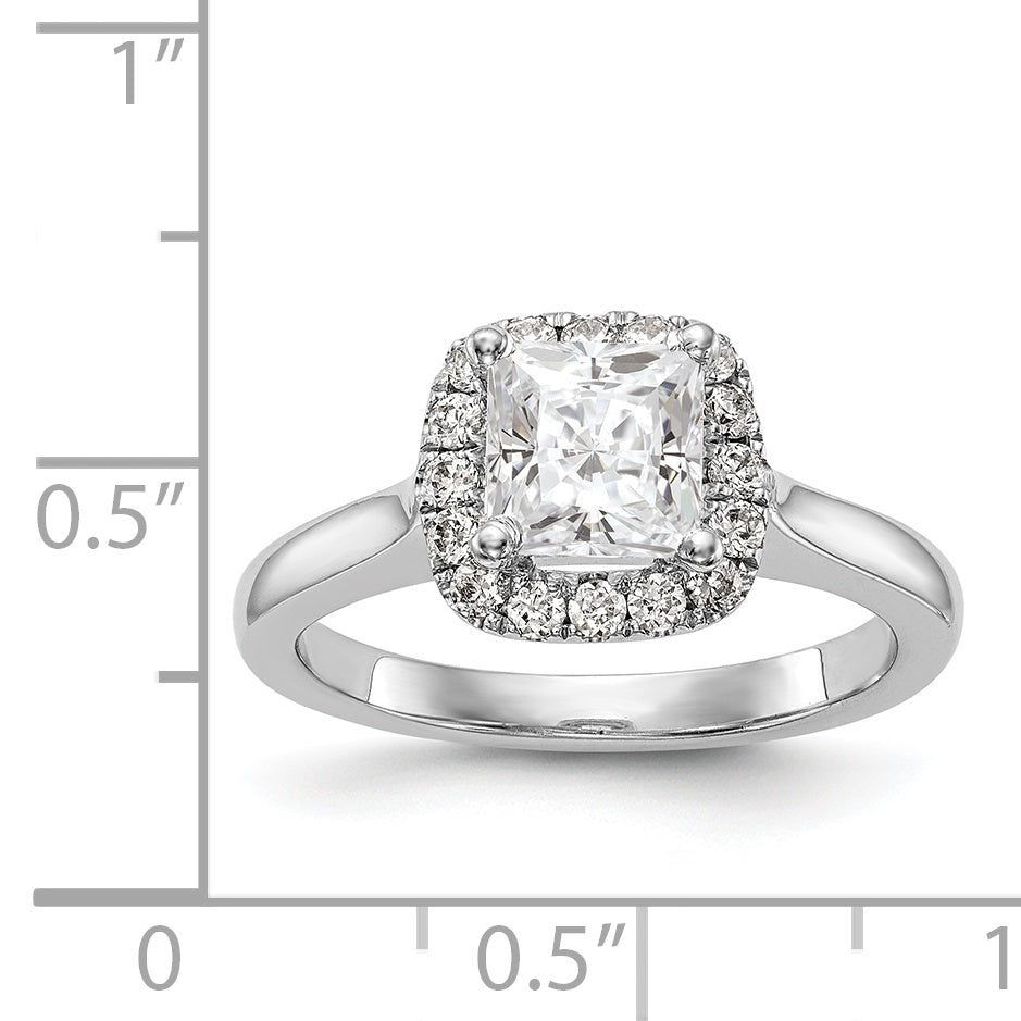 14K Weißgold Verlobungsring mit Diamant-Imitat im Princess-Schliff und Halo im Kissenschliff