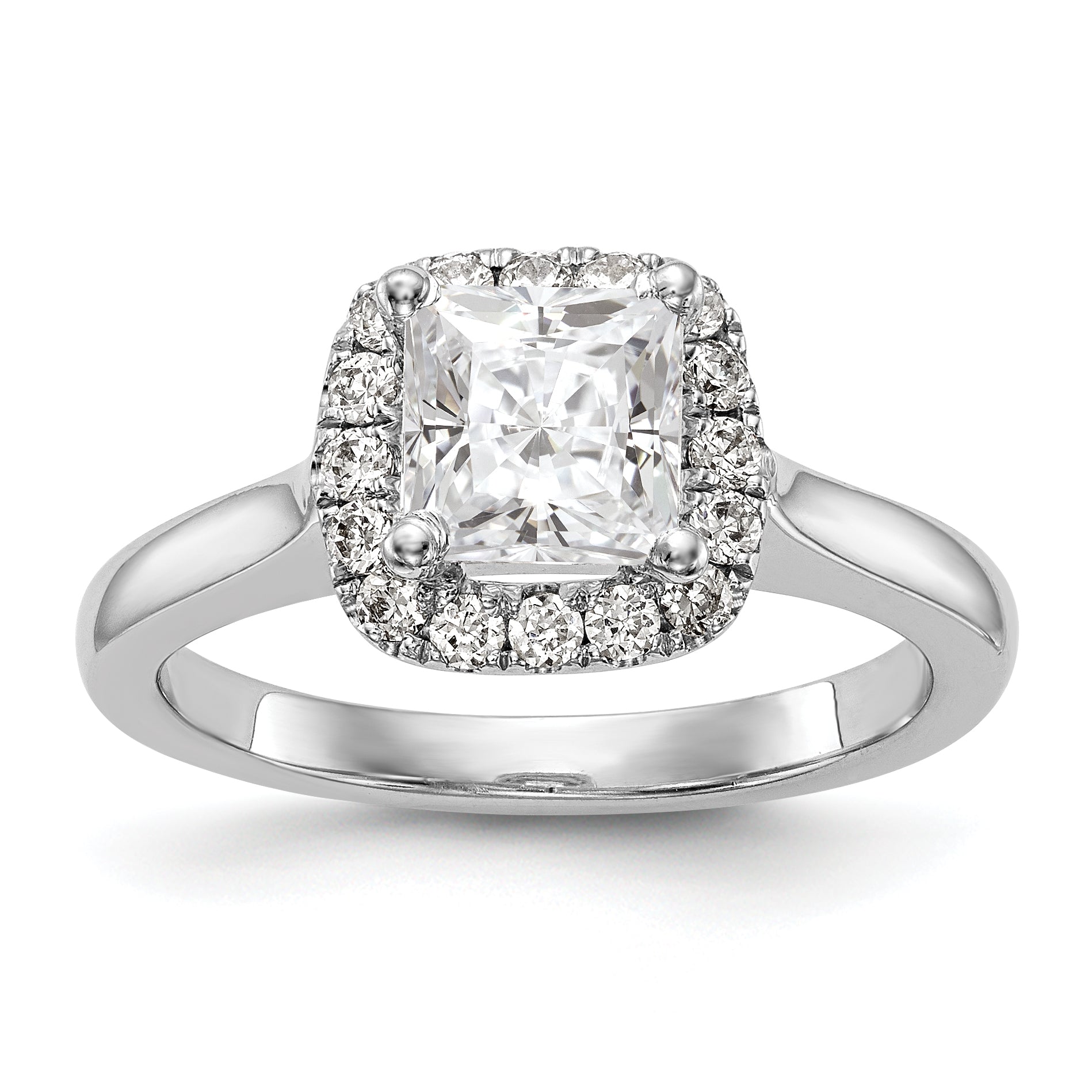 14K Weißgold Verlobungsring mit Diamant-Imitat im Princess-Schliff und Halo im Kissenschliff