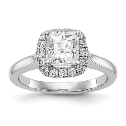 14K Weißgold Verlobungsring mit Diamant-Imitat im Princess-Schliff und Halo im Kissenschliff